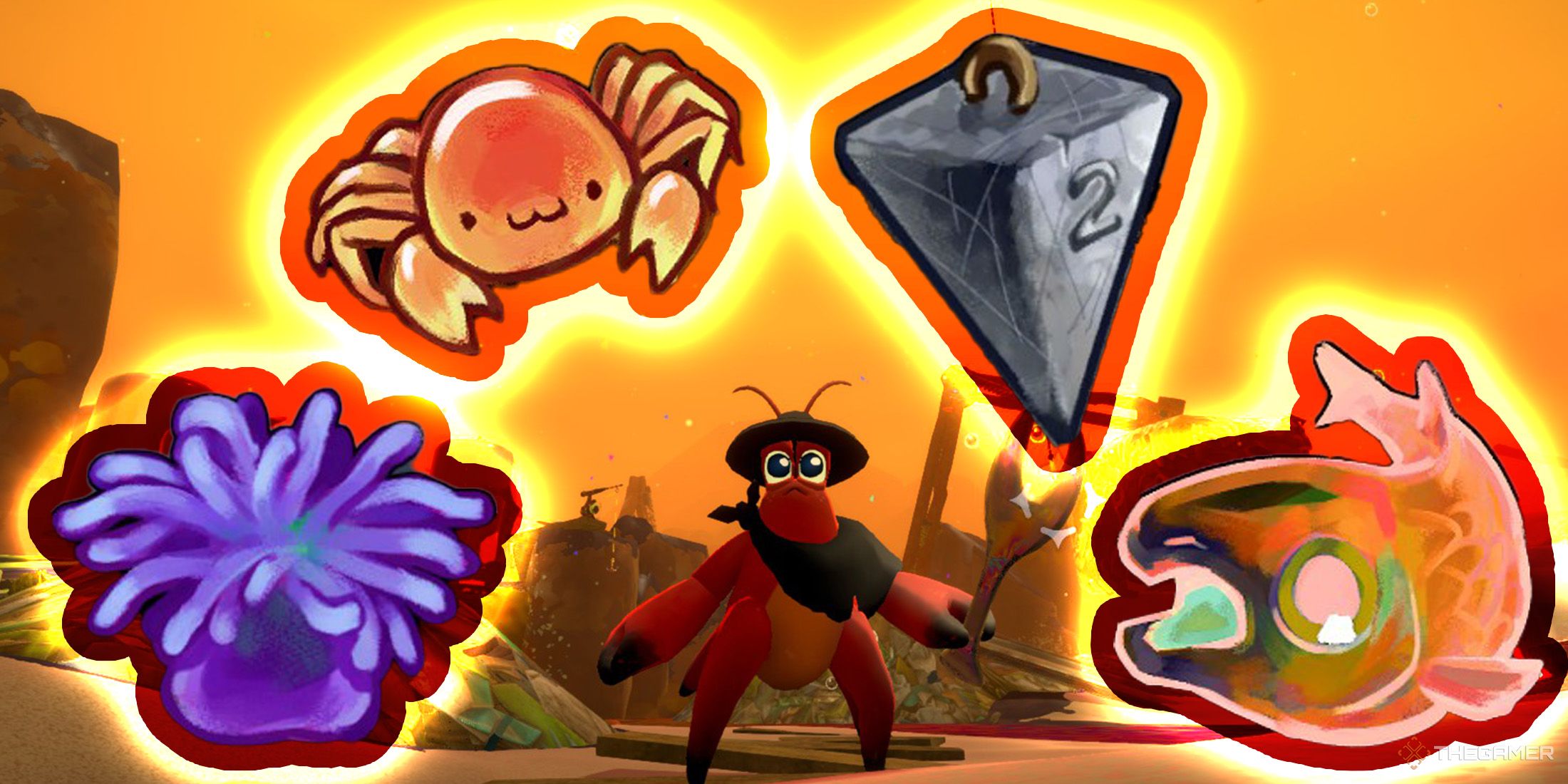 In Another Crab's Treasure, Kril poses wearing the adventurer outfit with four stowaway icons around
