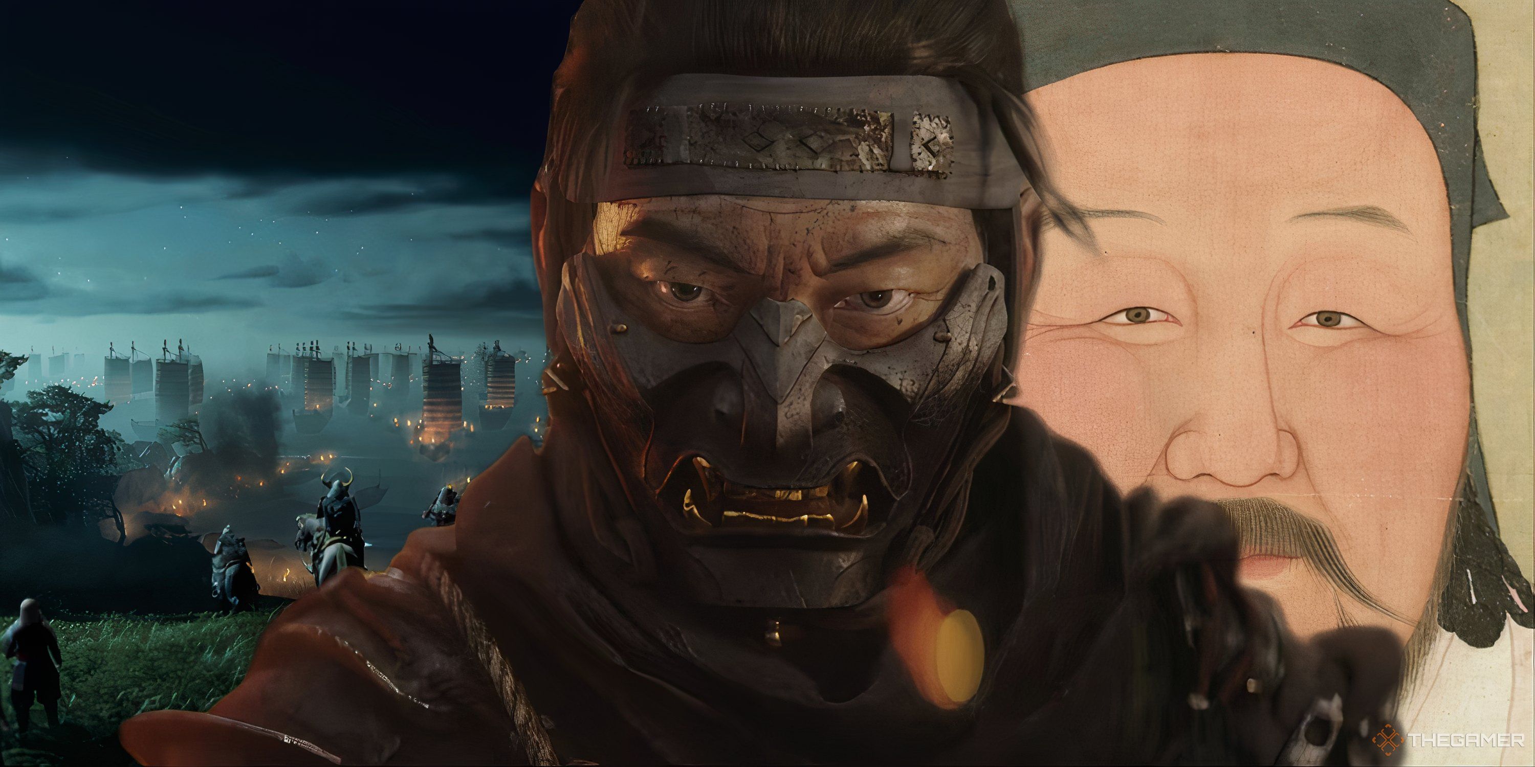 Close-up of protagonist Jin Sakai in a mask with a portrait of Kublai and the opening invasion battle at the beach.