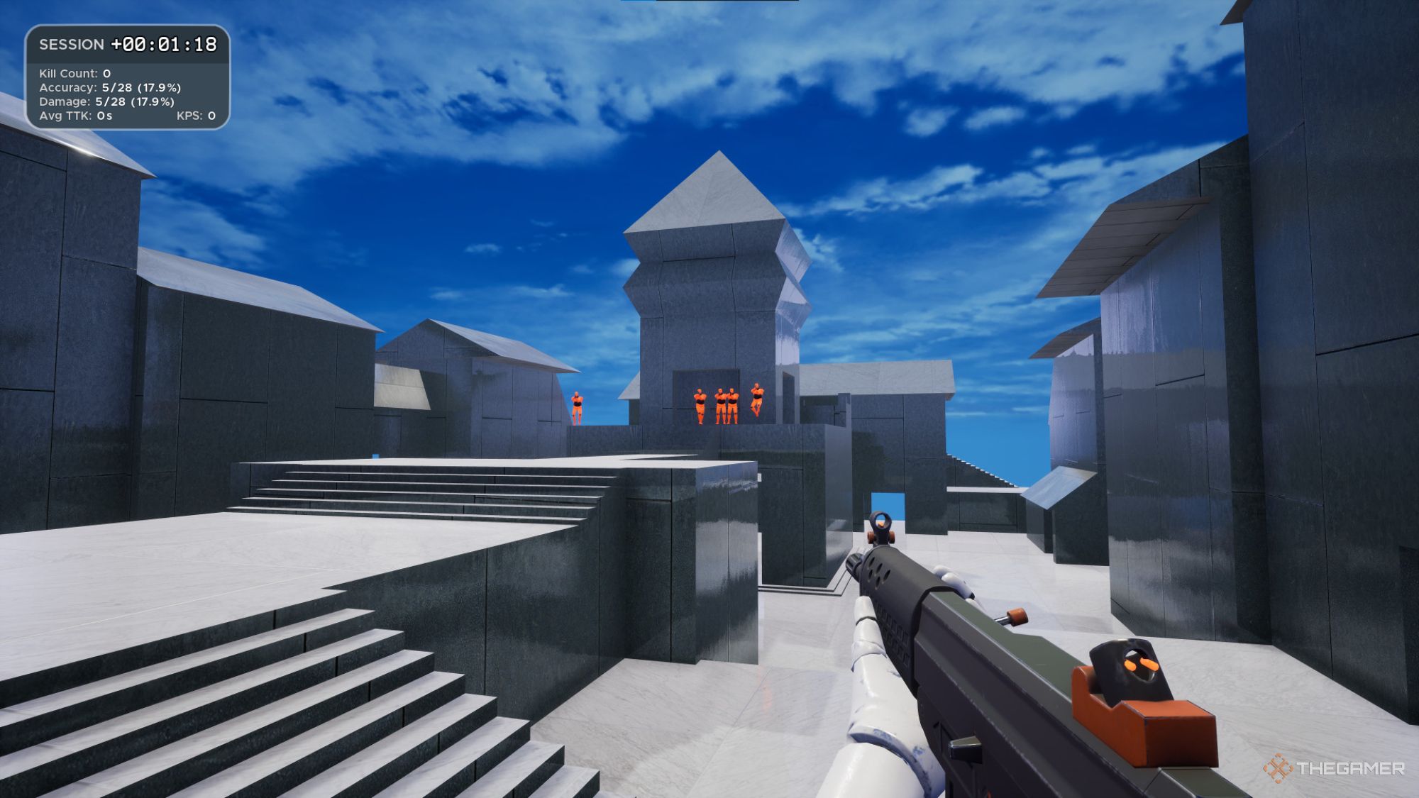 An image from KovakK's Aim Trainer, which is avialable on Steam and highly rated. This image showcases an aim training scenario, where you play on a basic map to warm up.