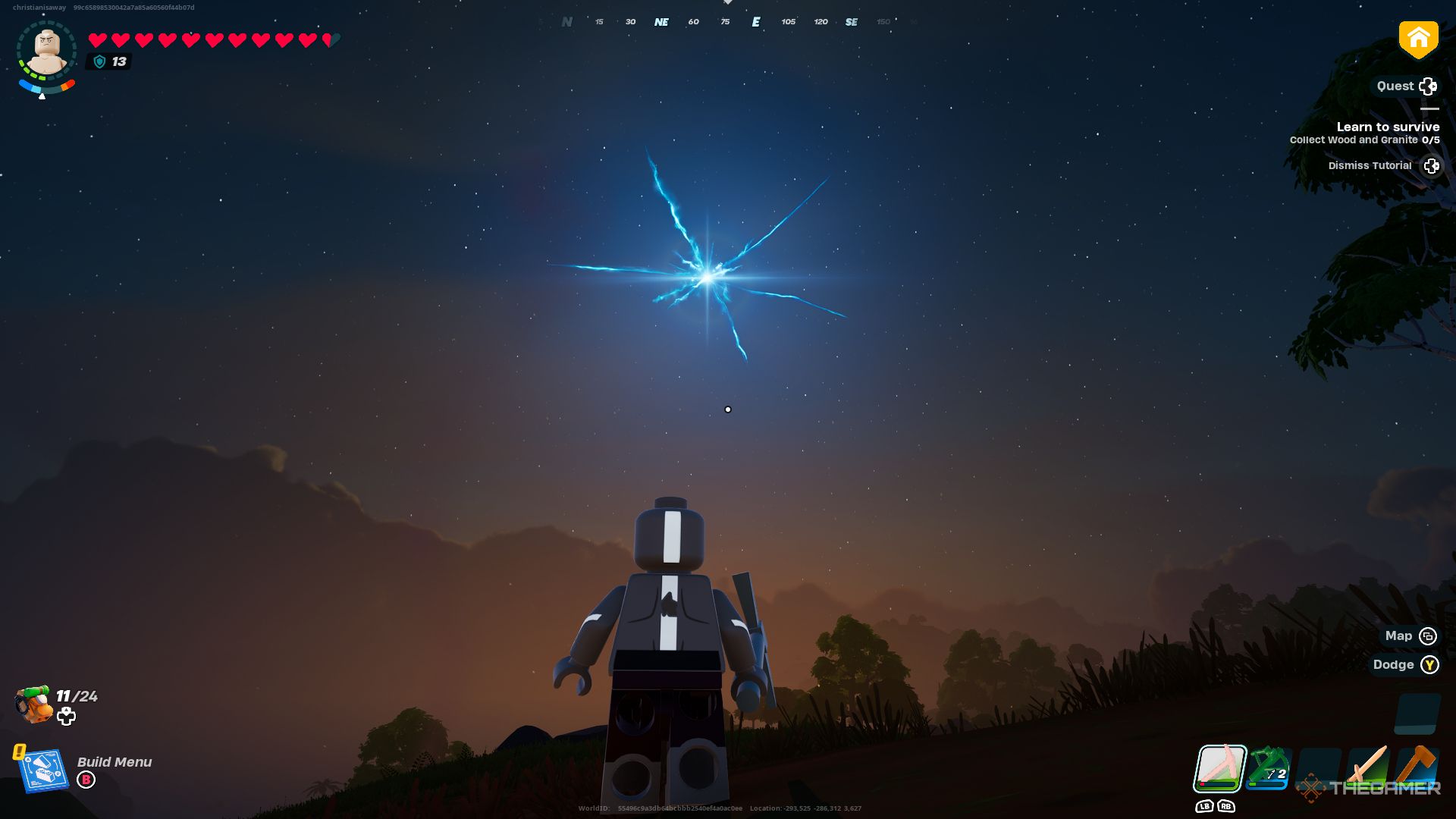 A screenshot from Lego Fortnite showing the player character as Avatar Aang watching a large rift appear in the sky overhead during the night.