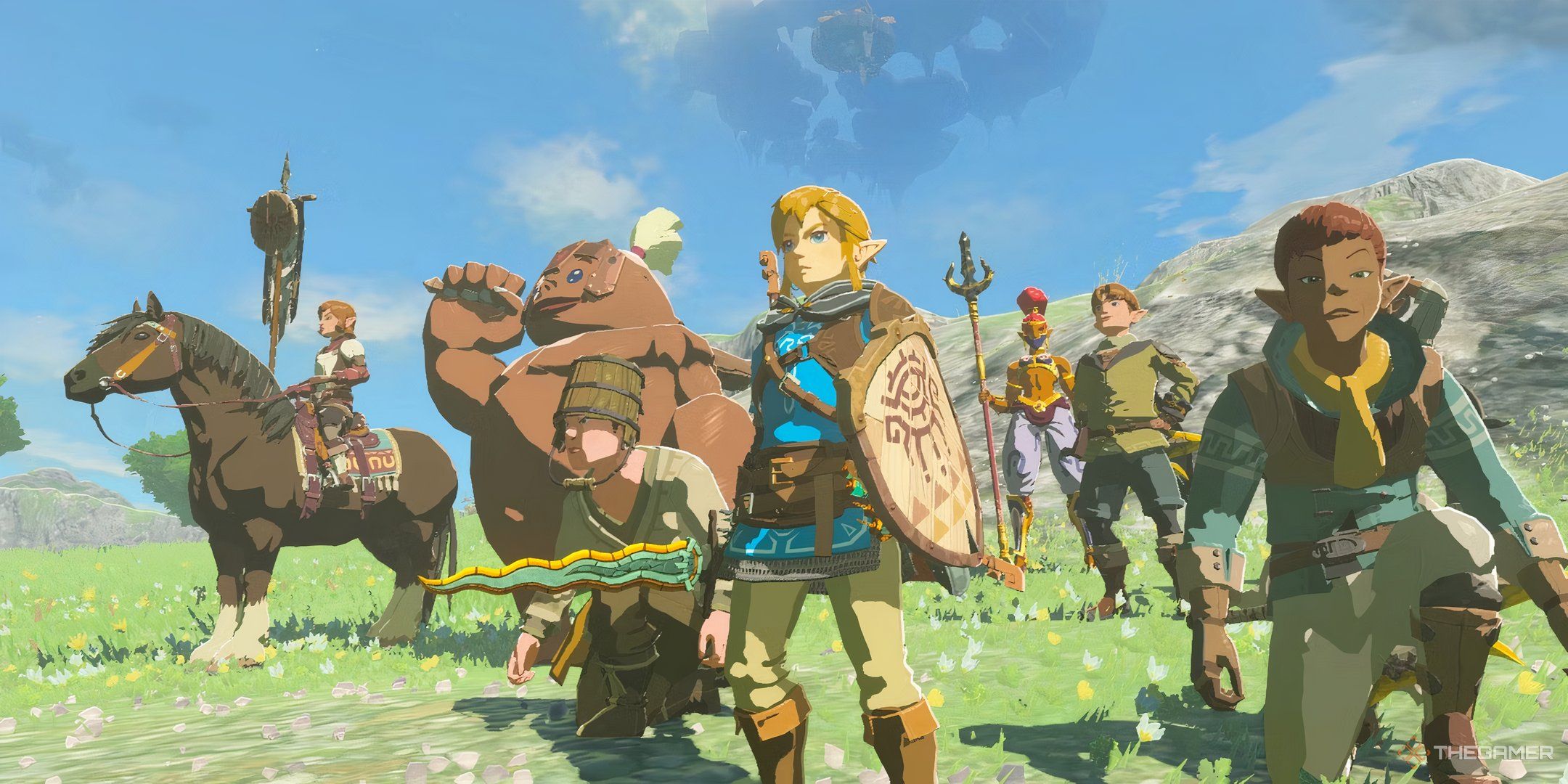 link in the field with several soldiers, a gerudo, and a goron in totk