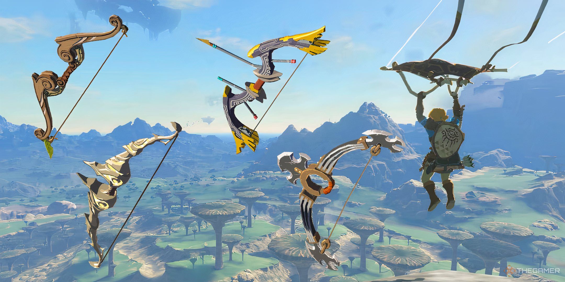 link soaring over hyrule with several bows from totk tears of the kingdom best bow