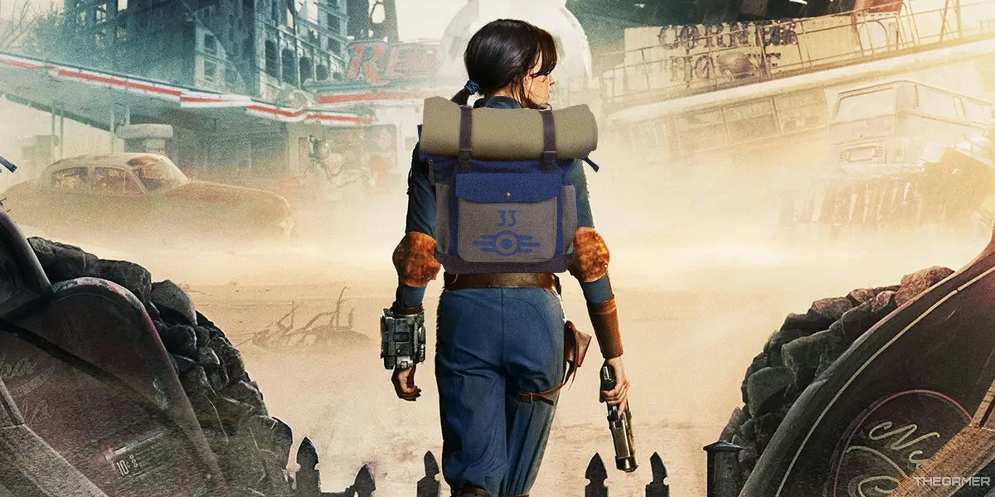 lucy from fallout wearing a vault 33 backpack