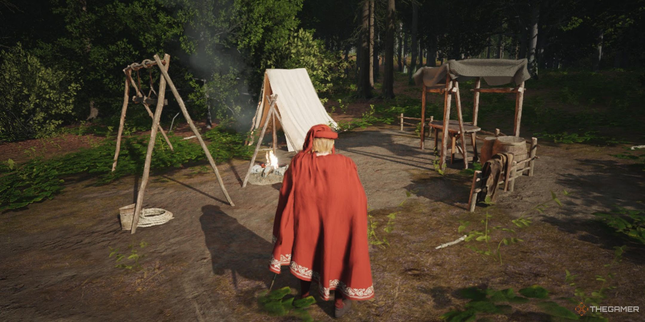 A lord standing in a Hunters Camp in Manor Lords.