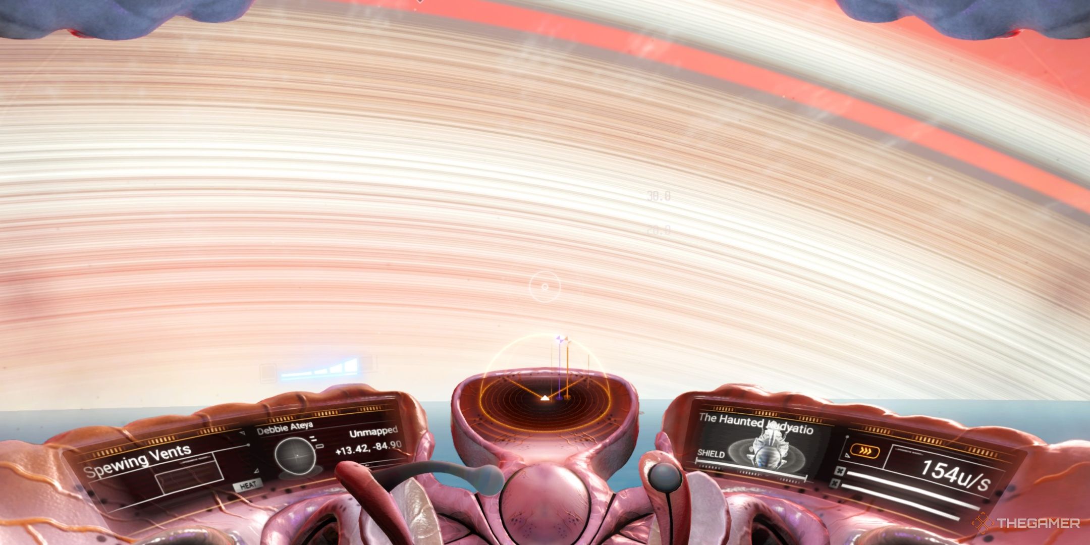 The inside of a Living Ship approaching the rings of a planet in No Man's Sky