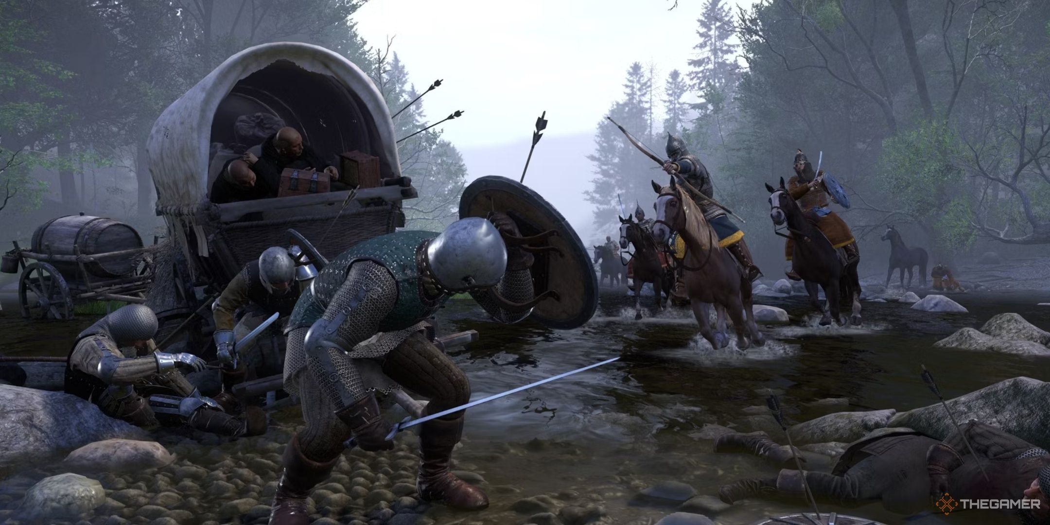 Kingdom Come Deliverance scene showing a soldier guarding with a shield while archers on horseback fire at him