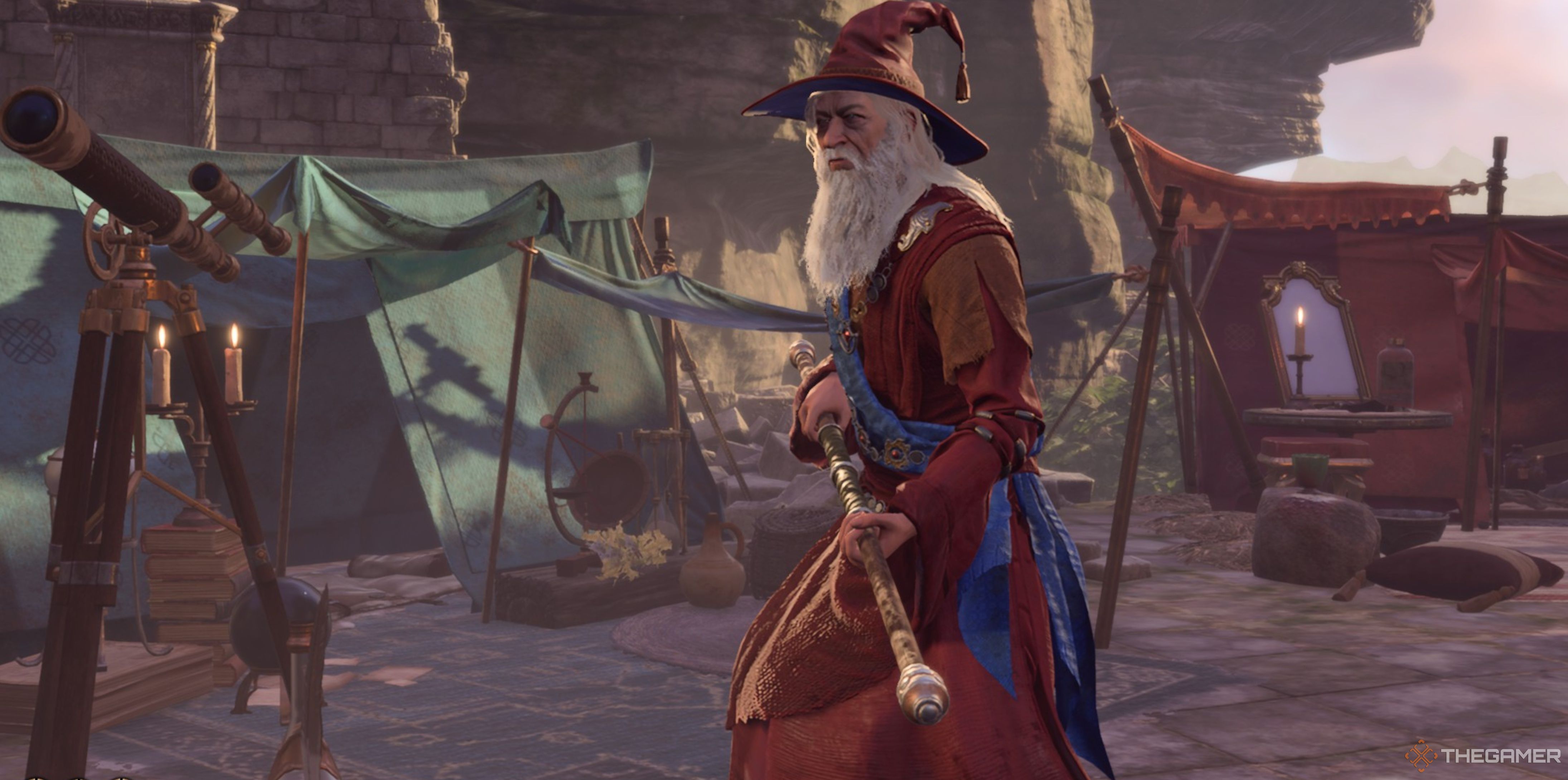 An old wizard in red robes holding a quarterstaff in Baldur's Gate 3.