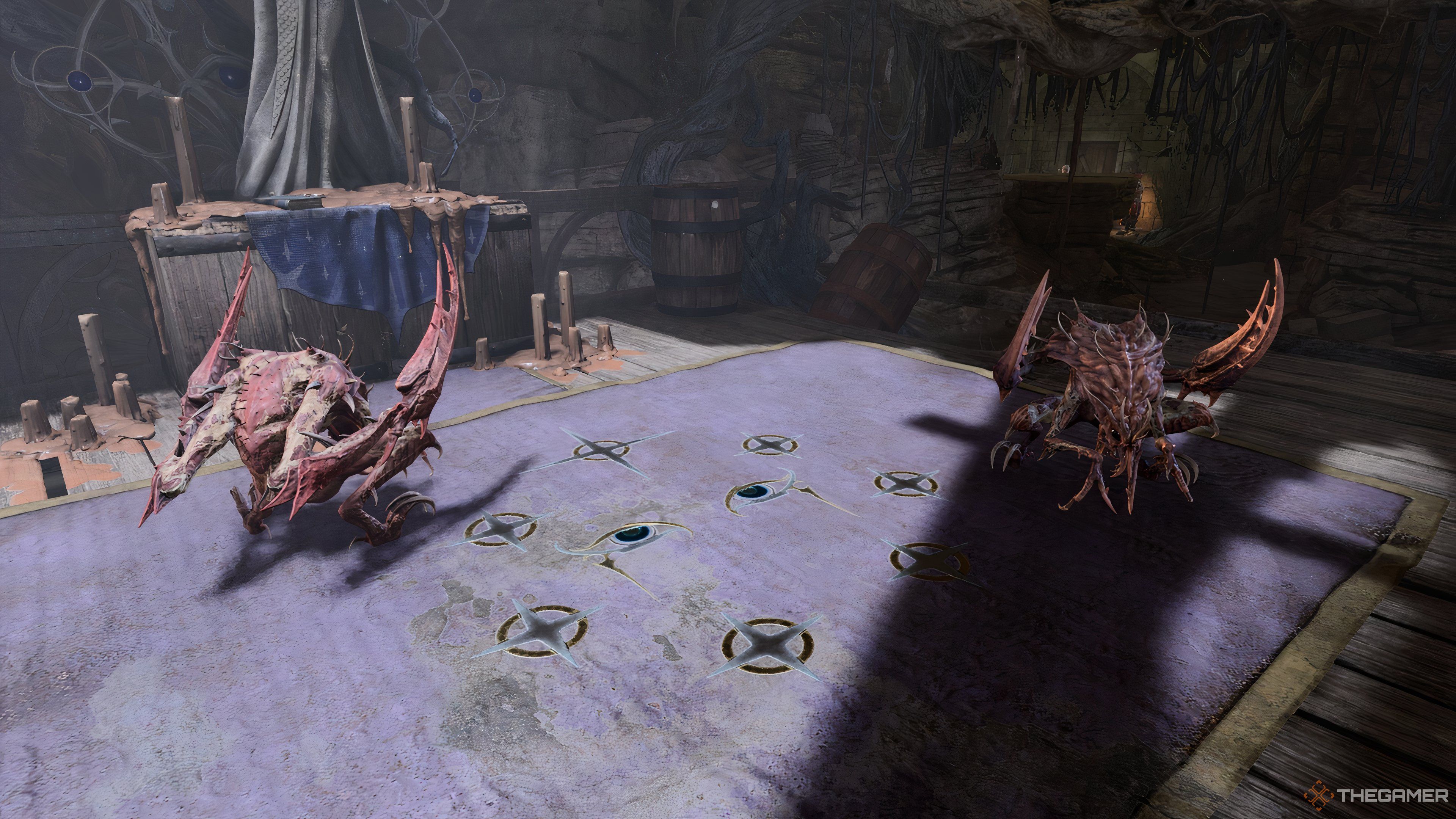 Two crab-like meenlocks crouching on a stage in Baldur's Gate 3.