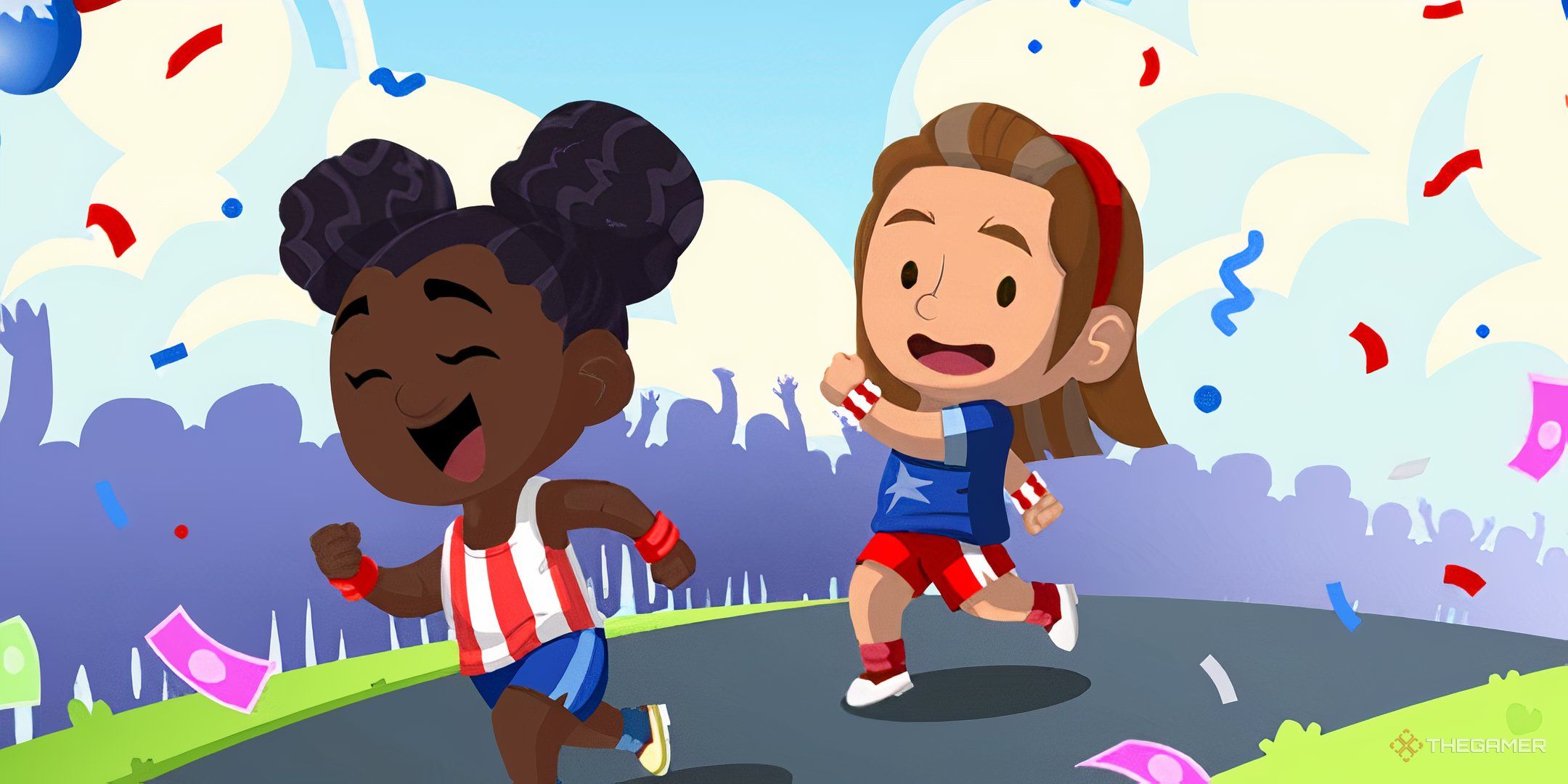 Two women smiling and running a marathon.