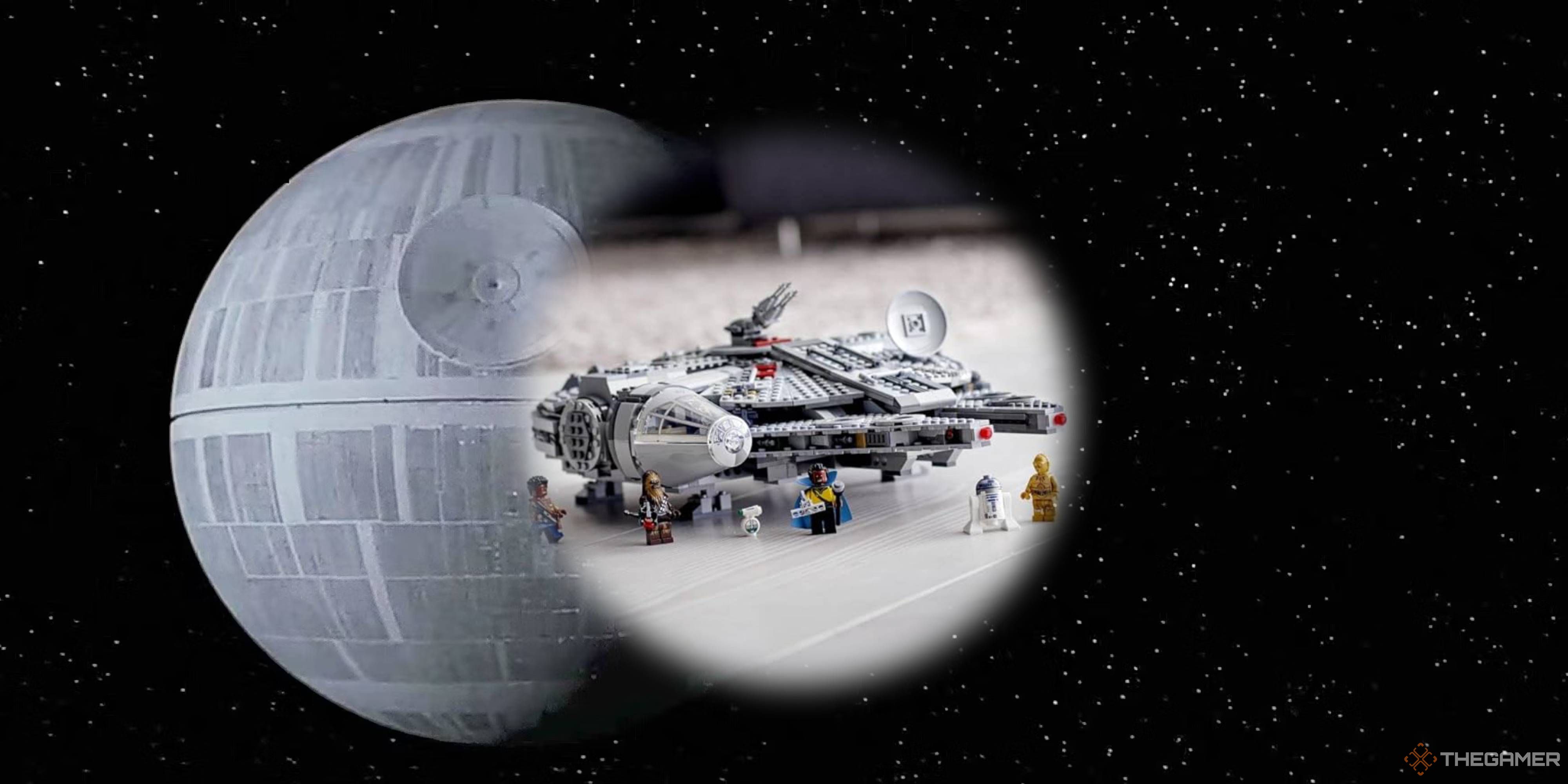 lego millennium falcon with minifigures and the death star in the background