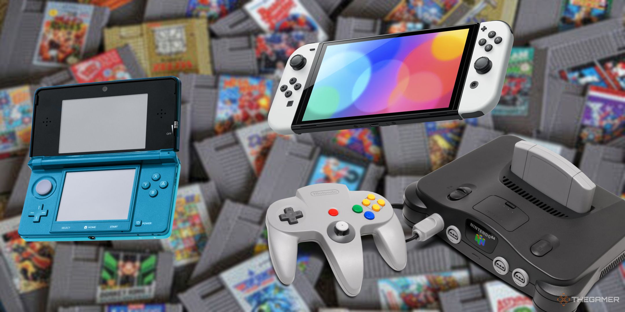 Nintendo consoles overlaid on a blurred background of game cartridges