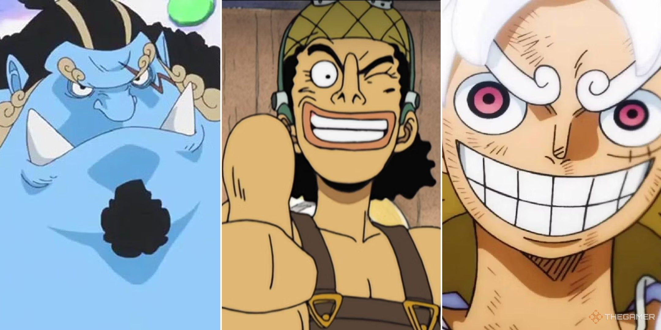 One piece collage showing jinbe, usopp and luffy