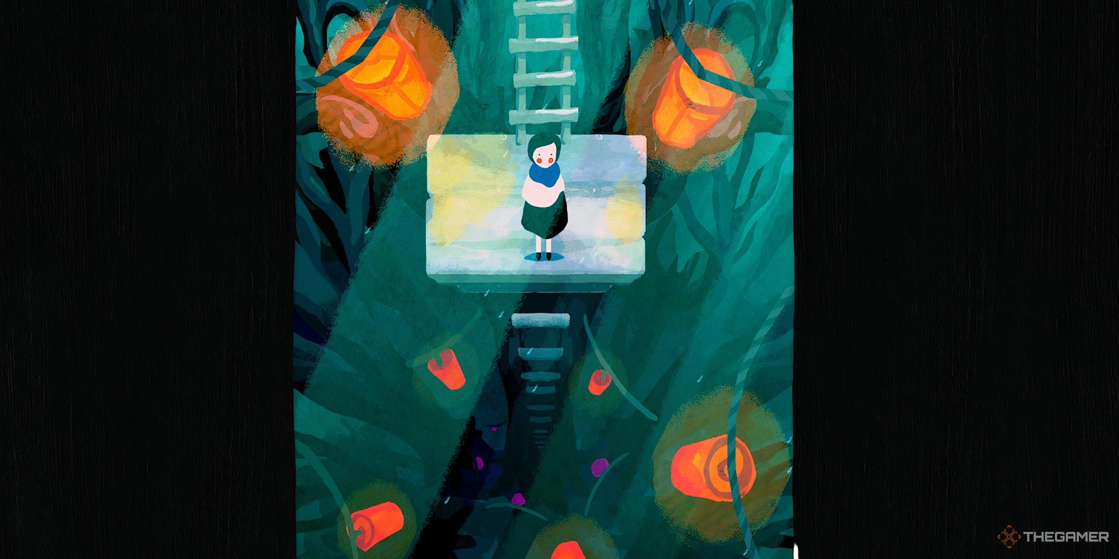 Paige at the bottom of the ladder leading into the Forest in Paper Trail.
