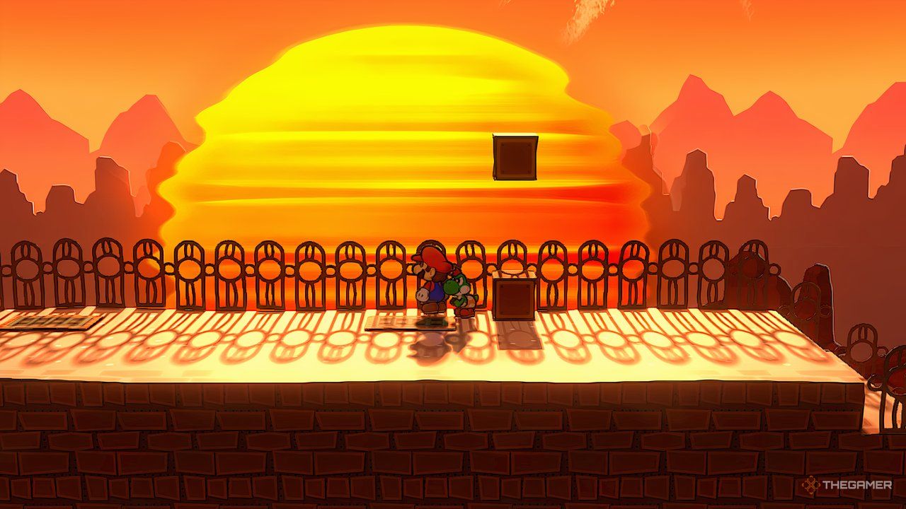 Paper Mario and Yoshi staring at the sunset