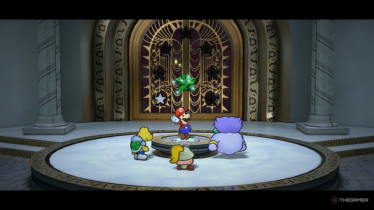 Paper Mario holding up the Emerald Star at the Thousand-Year Door