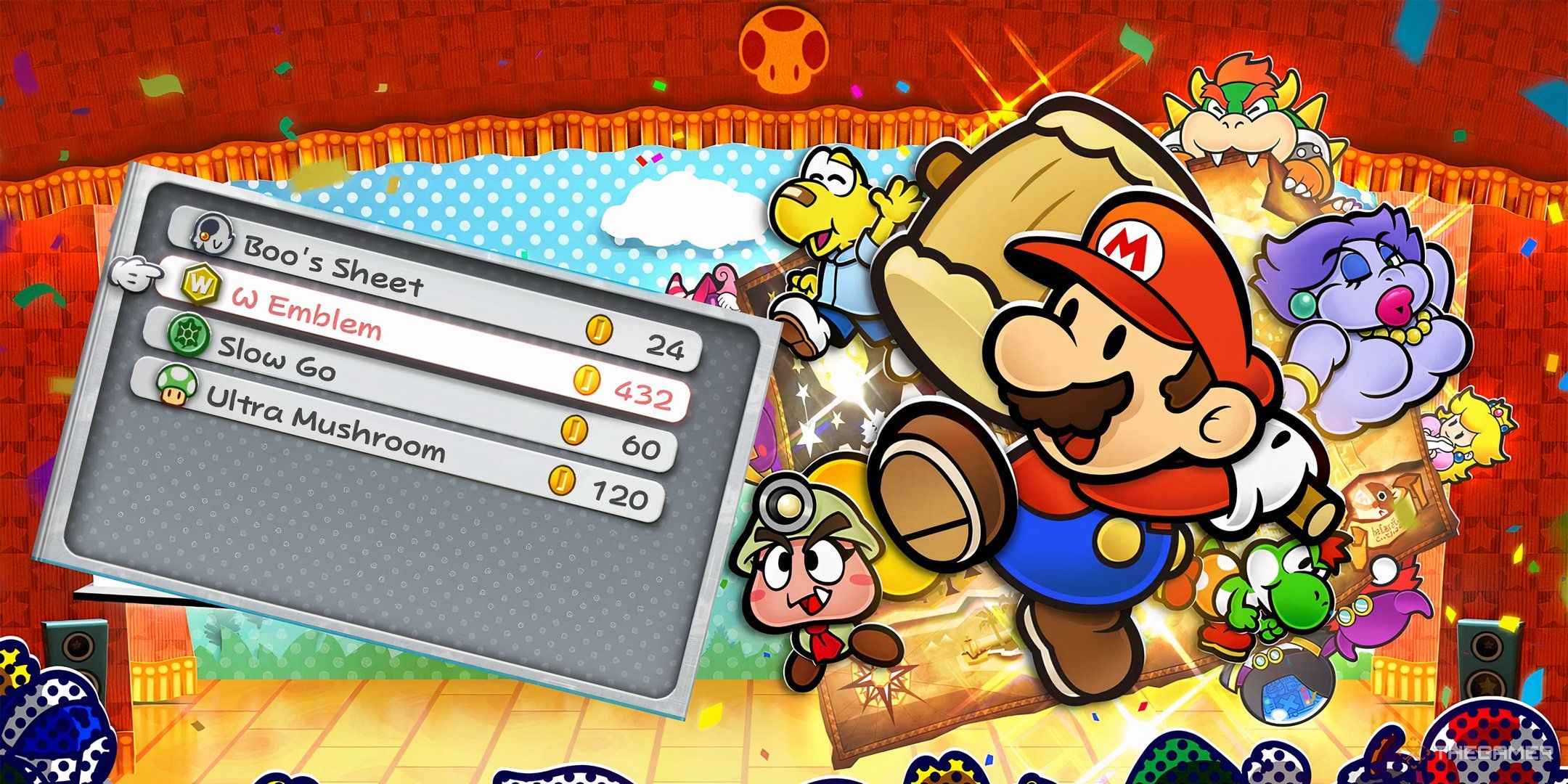 Paper Mario using his hammer on the W Emblem price.