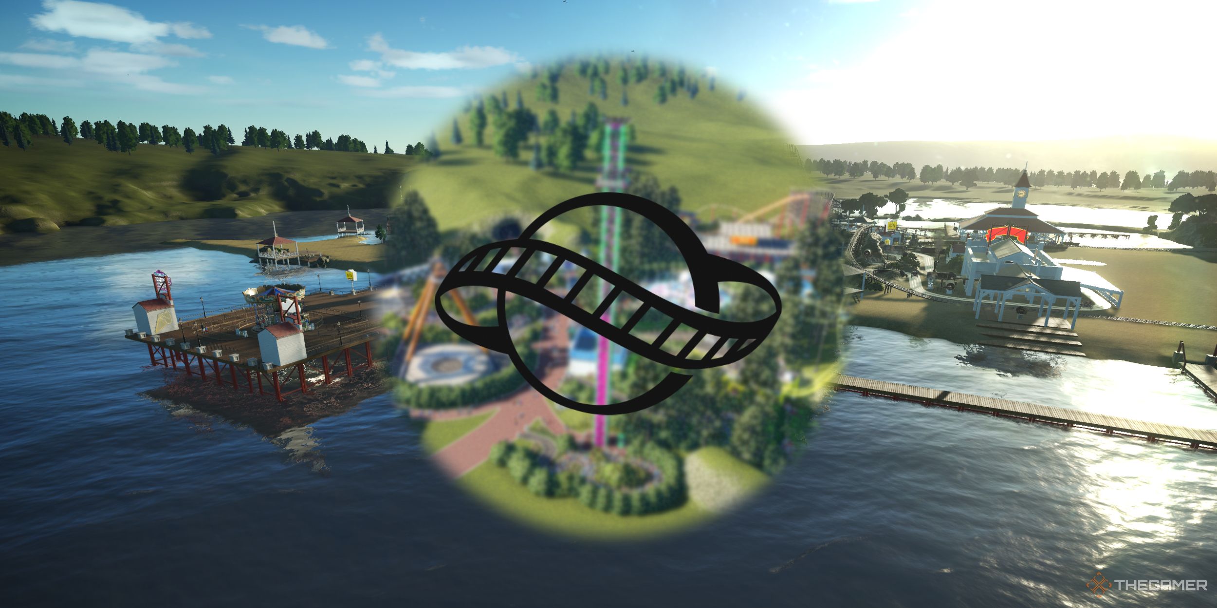 An image from Planet Coaster of a park covered in green scenery, and another park built on a lake.