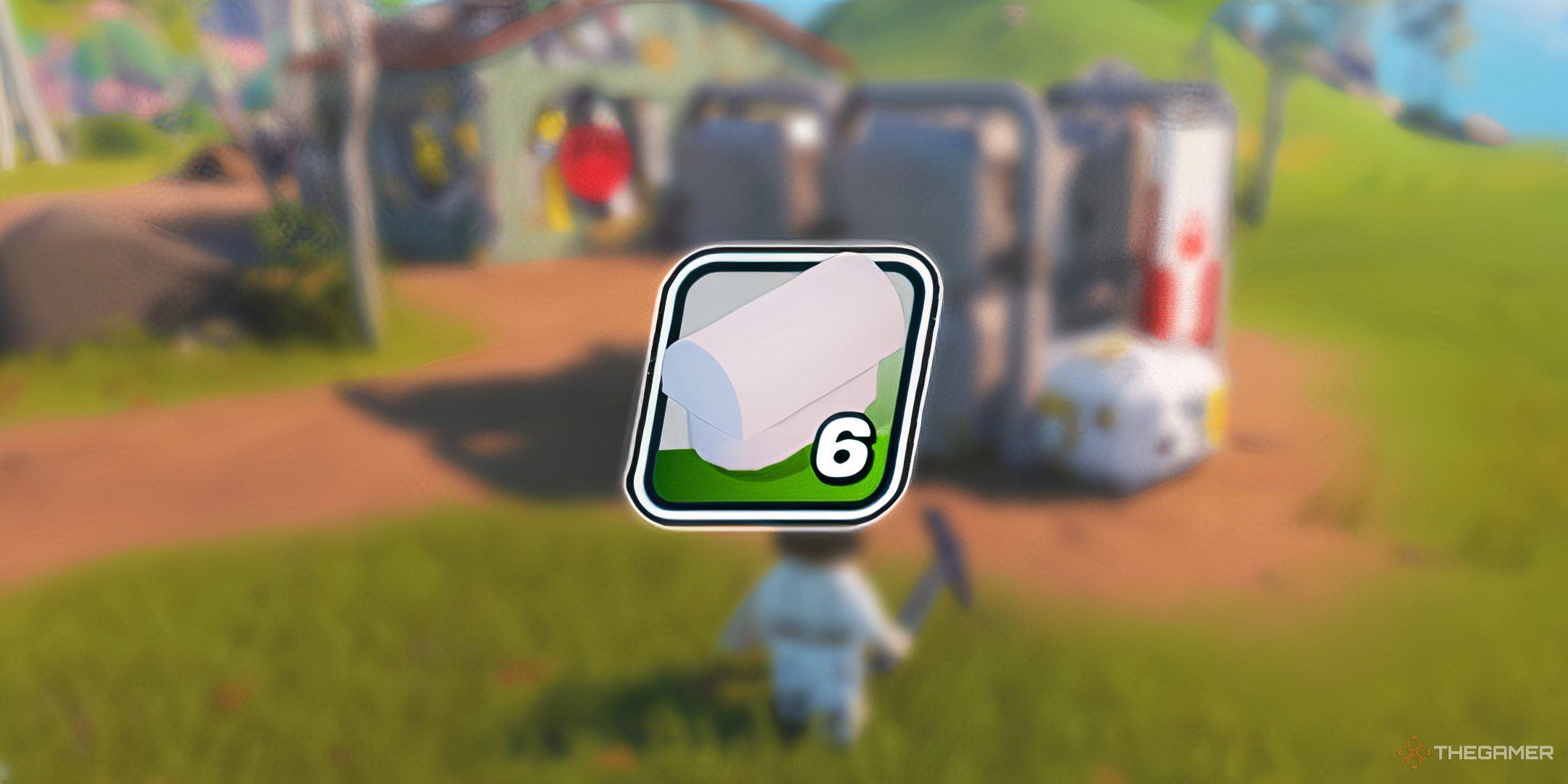 Plastoid image front and center, background is character standing in front of some structures in the village that can be harvested for Plastoid in Lego Fortnite.