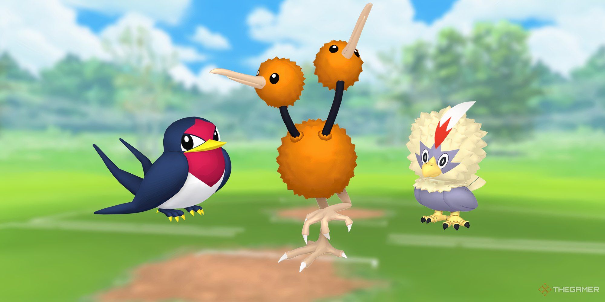 Image of Taillow, Doduo, and Rufflet with the Pokemon Go battlefield as the background