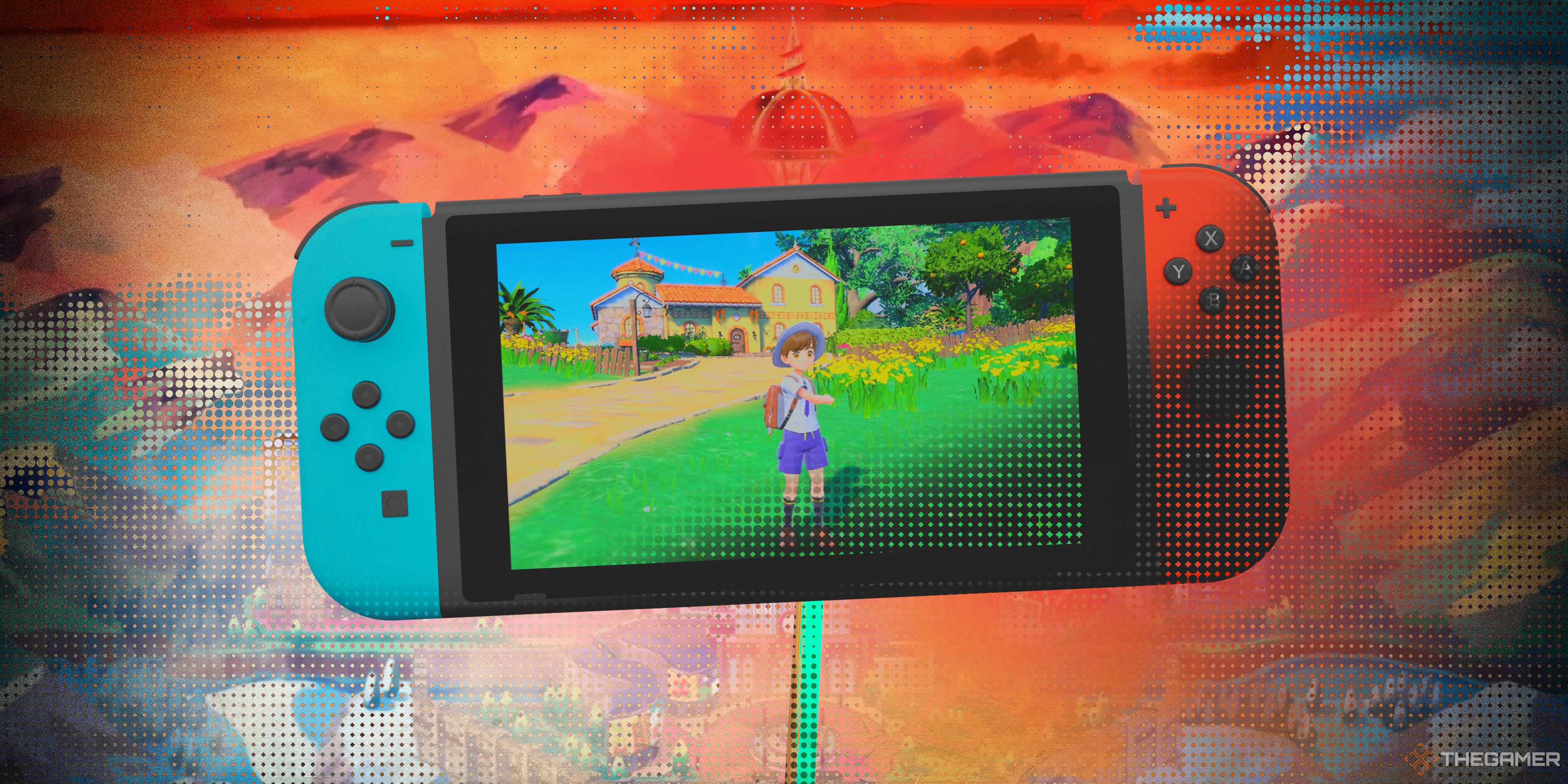 Pokemon Scarlet on a Nintendo Switch held up by a green stick over a distorted halftone background of a Pokemon city-1