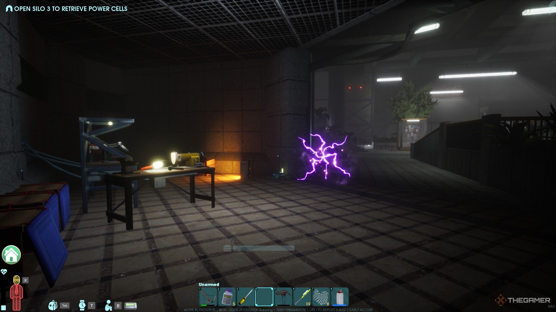 A screenshot from Abiotic Factor showing an open area in an office plaza with a repair bench, crafting bench, and storage crates visible. A purple rift that shows as cracks in reality can be seen appearing nearby.