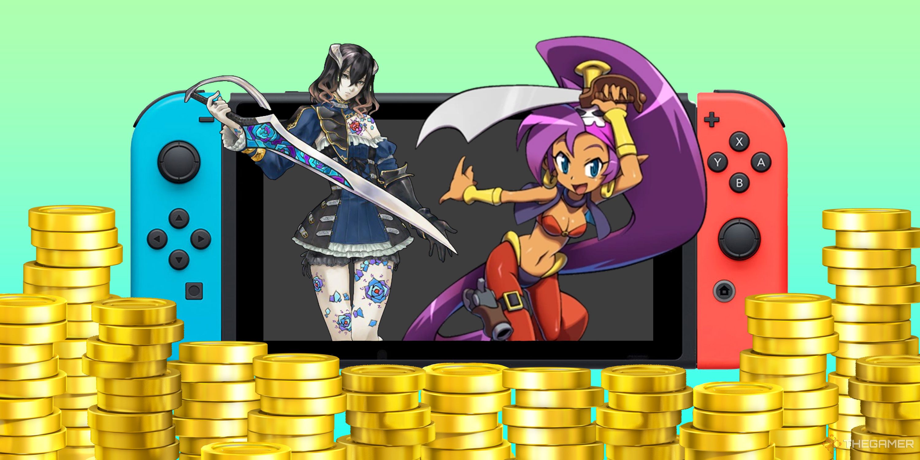 Shantae and Miriam emerging from a Nintendo Switch surrounded by gold coins