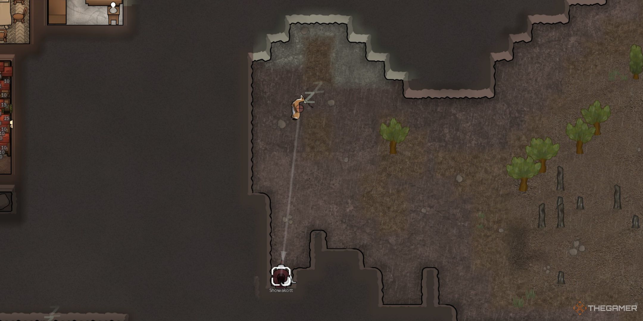 Rimworld Un colono che dà la caccia a una gazzella addormentata