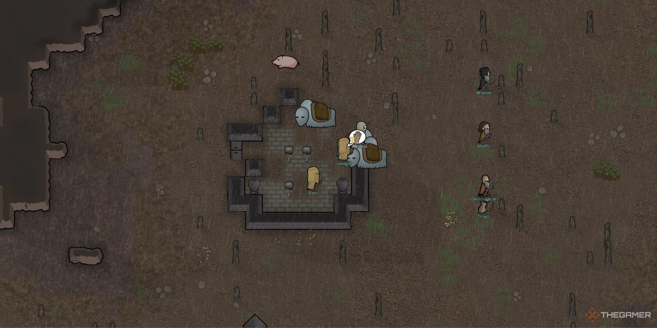 Rimworld Un colono che commercia con una carovana di tribù in visita