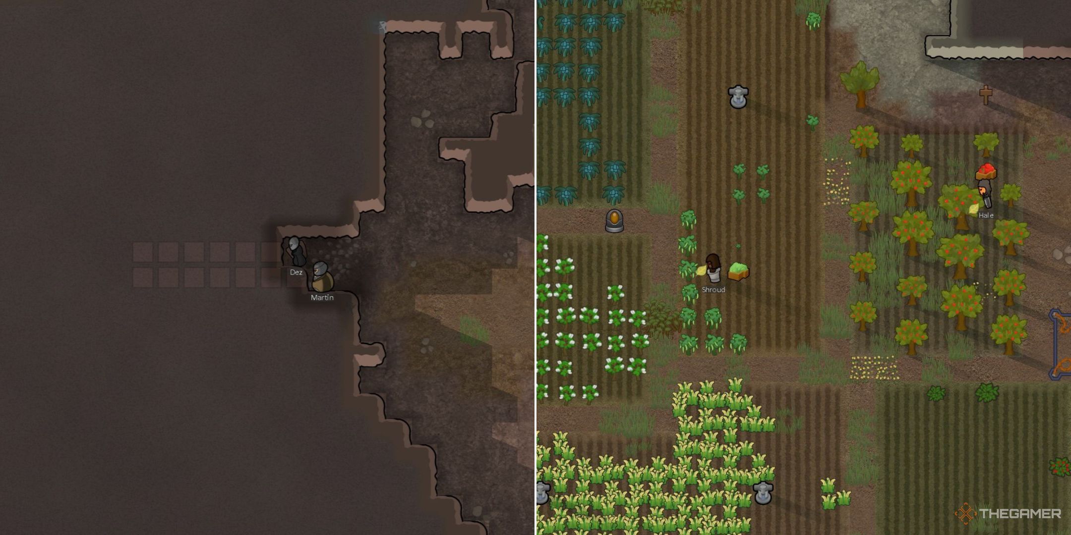 Rimworld Un'immagine divisa di due coloni che scavano in una montagna e due coloni che raccolgono i raccolti