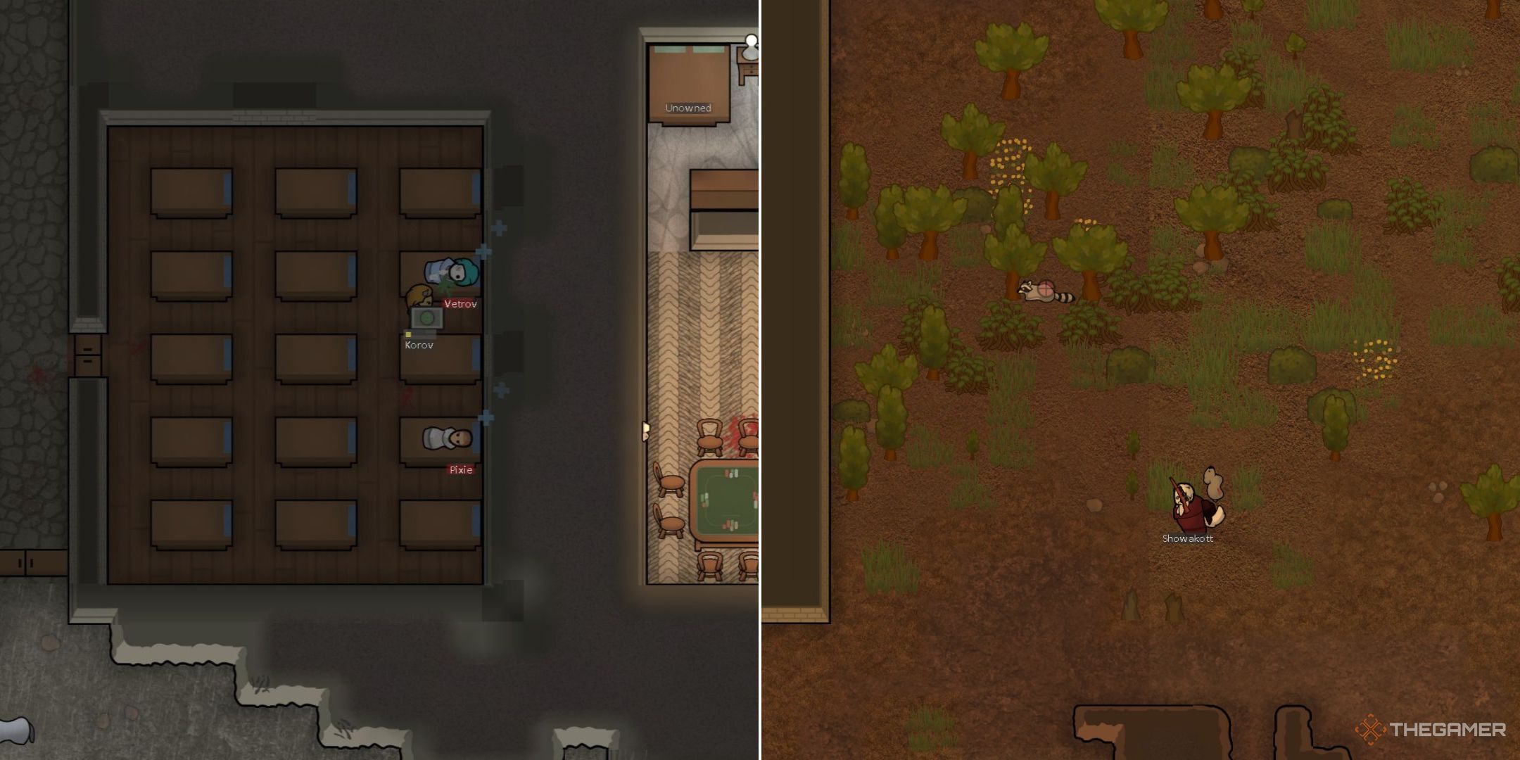 Rimworld Immagine divisa di un colono che dà da mangiare a un paziente in ospedale e di un altro colono che caccia un procione