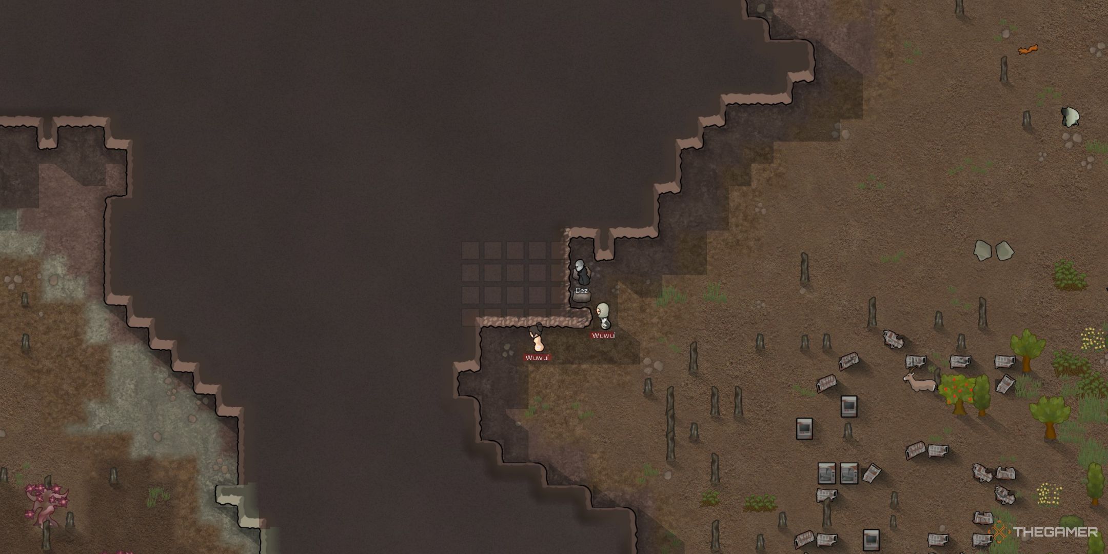 Rimworld Tre coloni scavano in una montagna