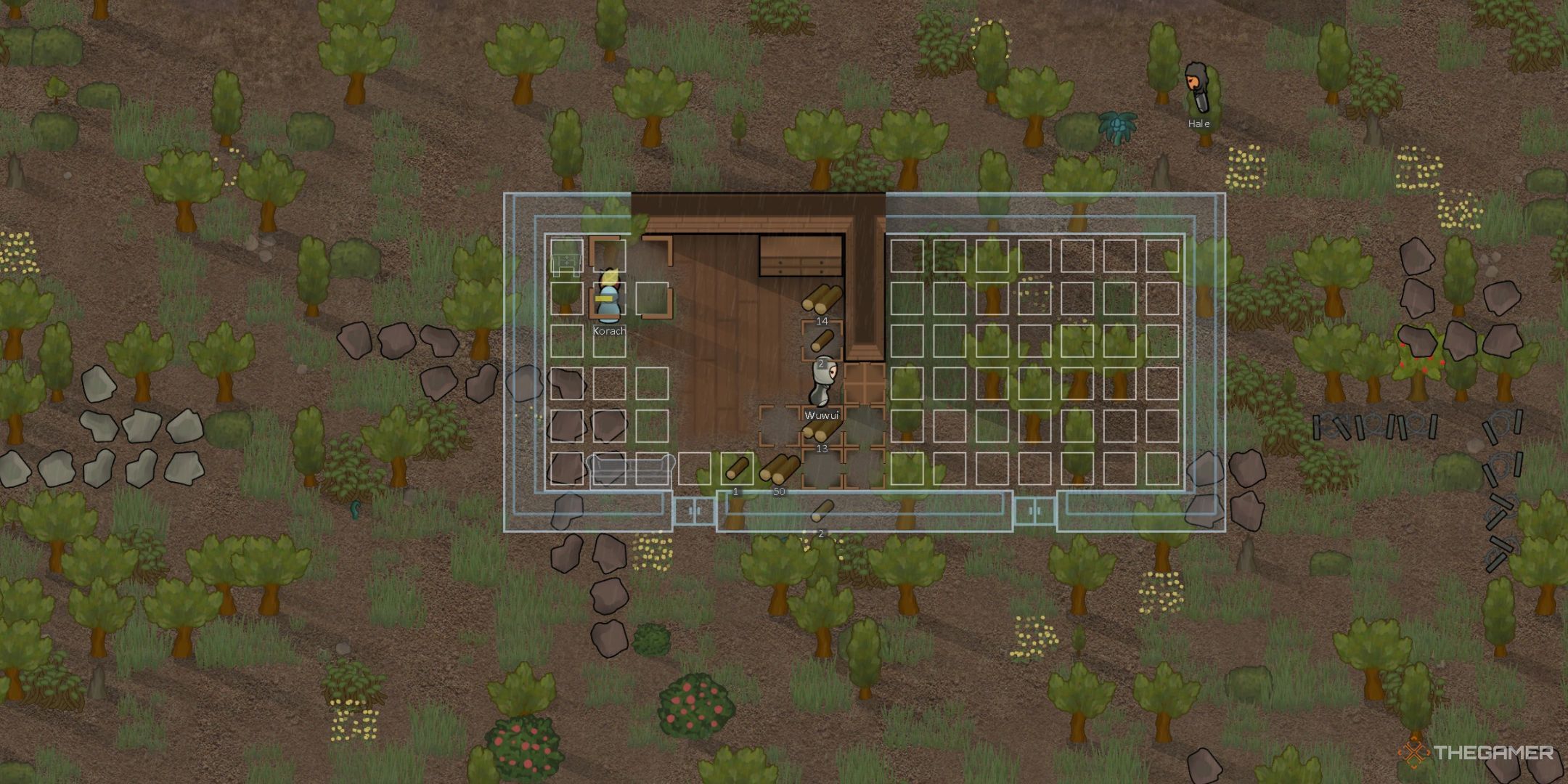 Rimworld Due coloni che costruiscono stanze di legno