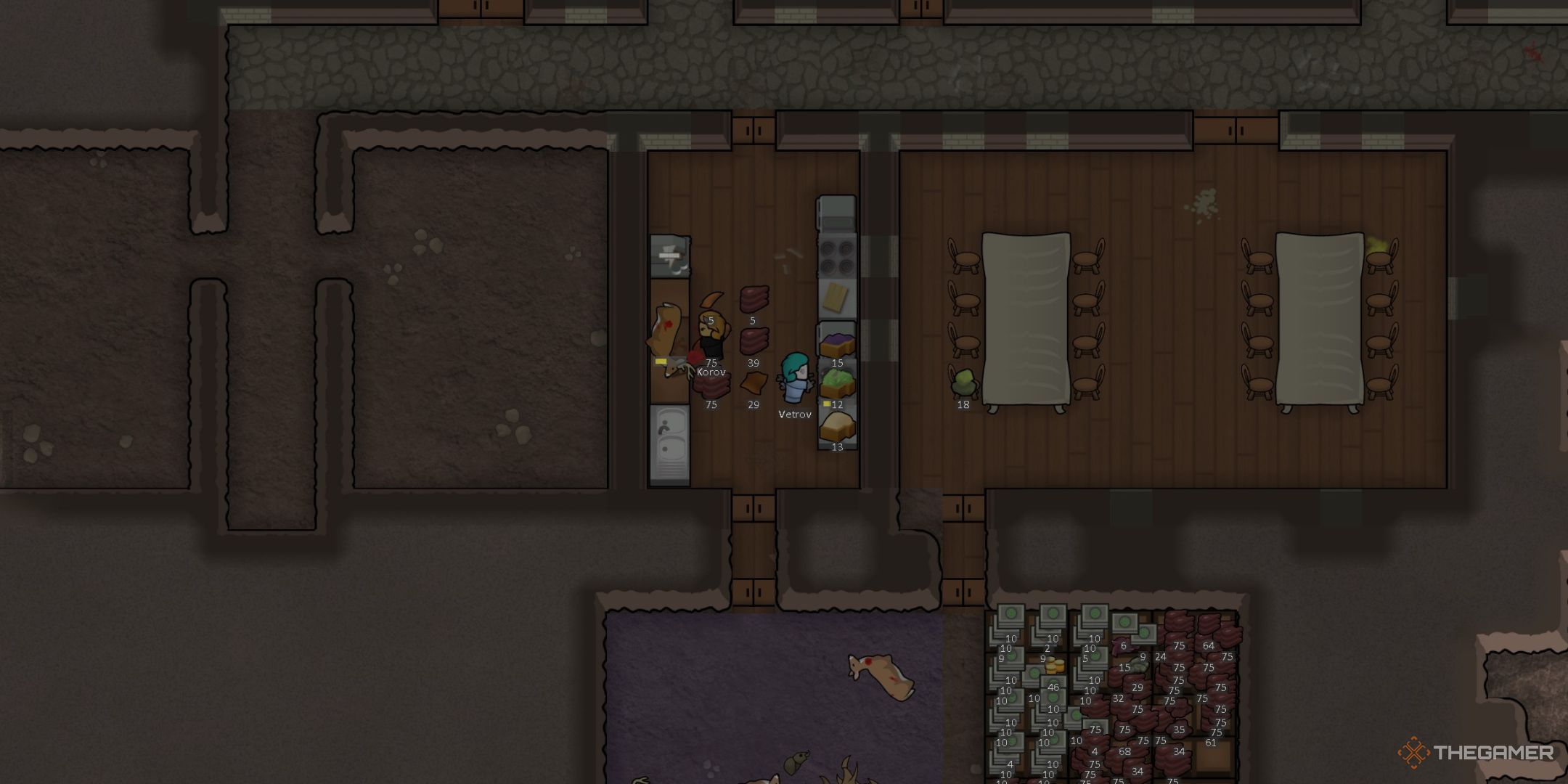 Rimworld Due coloni che macellano animali e preparano pasti