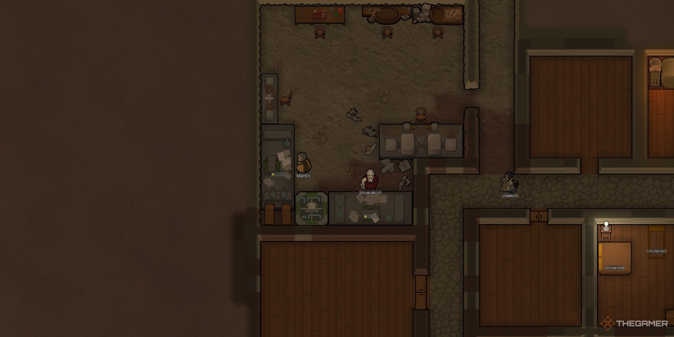 Rimworld Due coloni che effettuano ricerche insieme a un altro che trasporta un componente