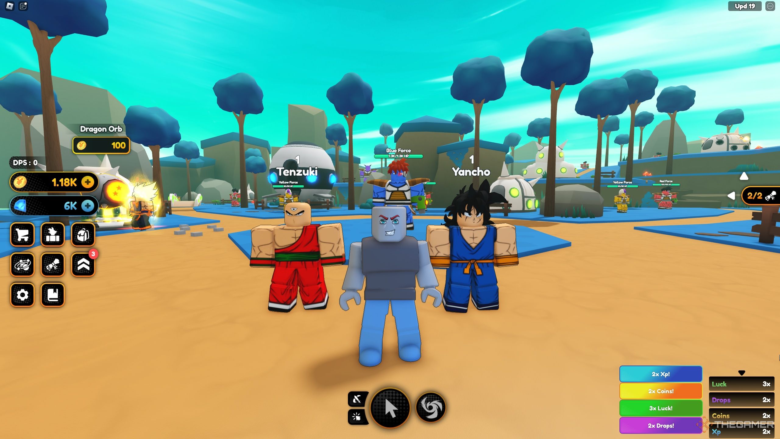 someone is standing next to anime characters, with an enemy behind them in Roblox: Anime Champions Simulator