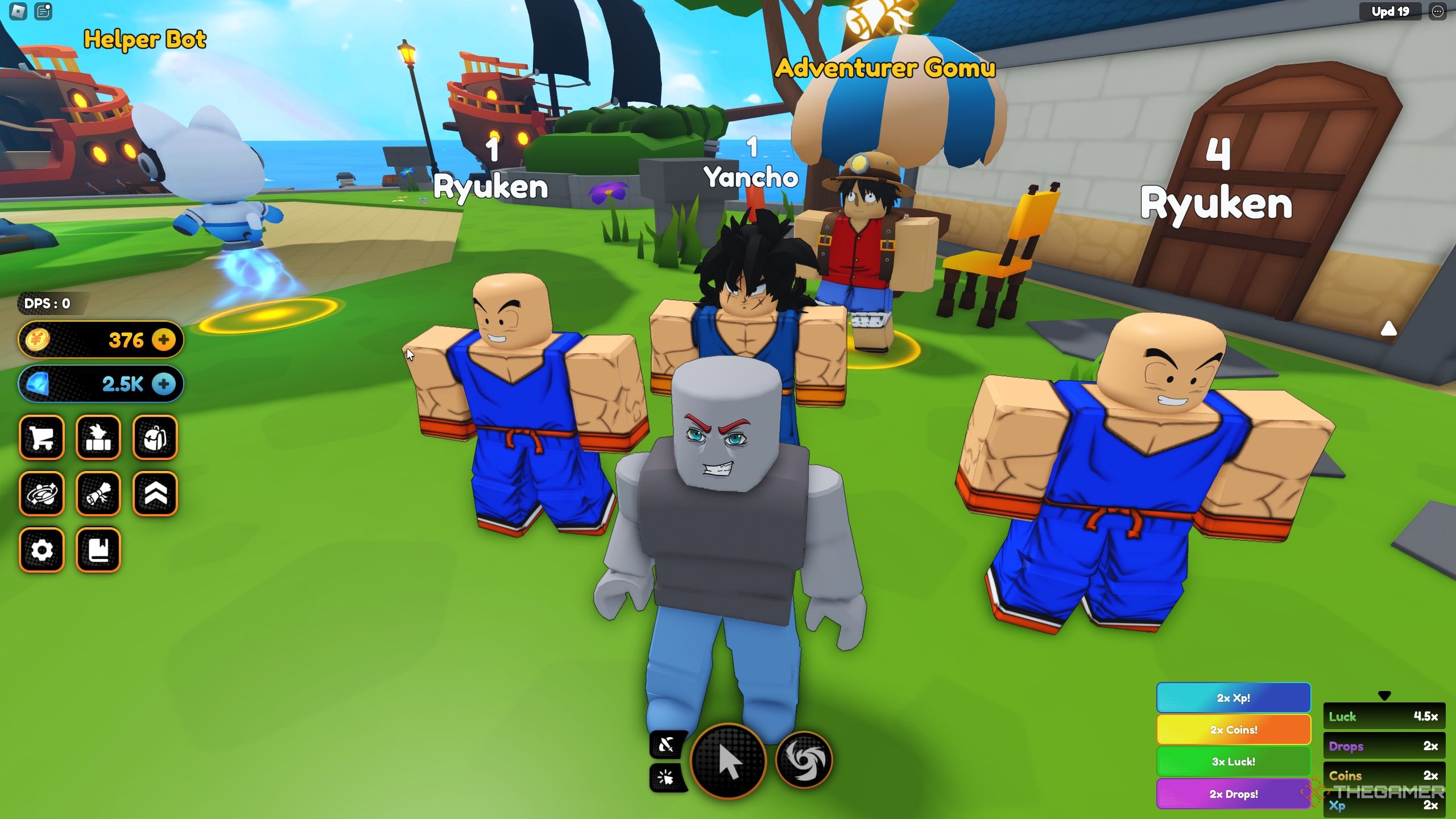 some anime characters and Adventurer Gomu behind a player in  Roblox: Anime Champions Simulator