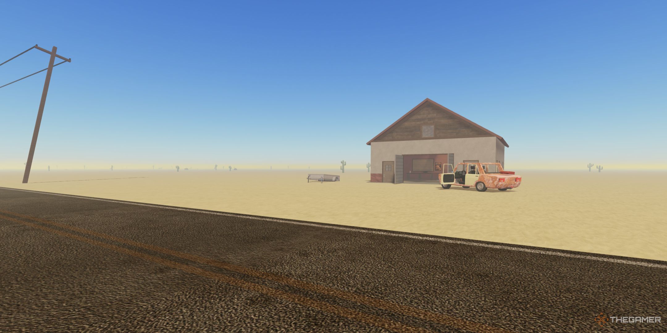 A car next to the starting house in A Dusty Trip on Roblox.