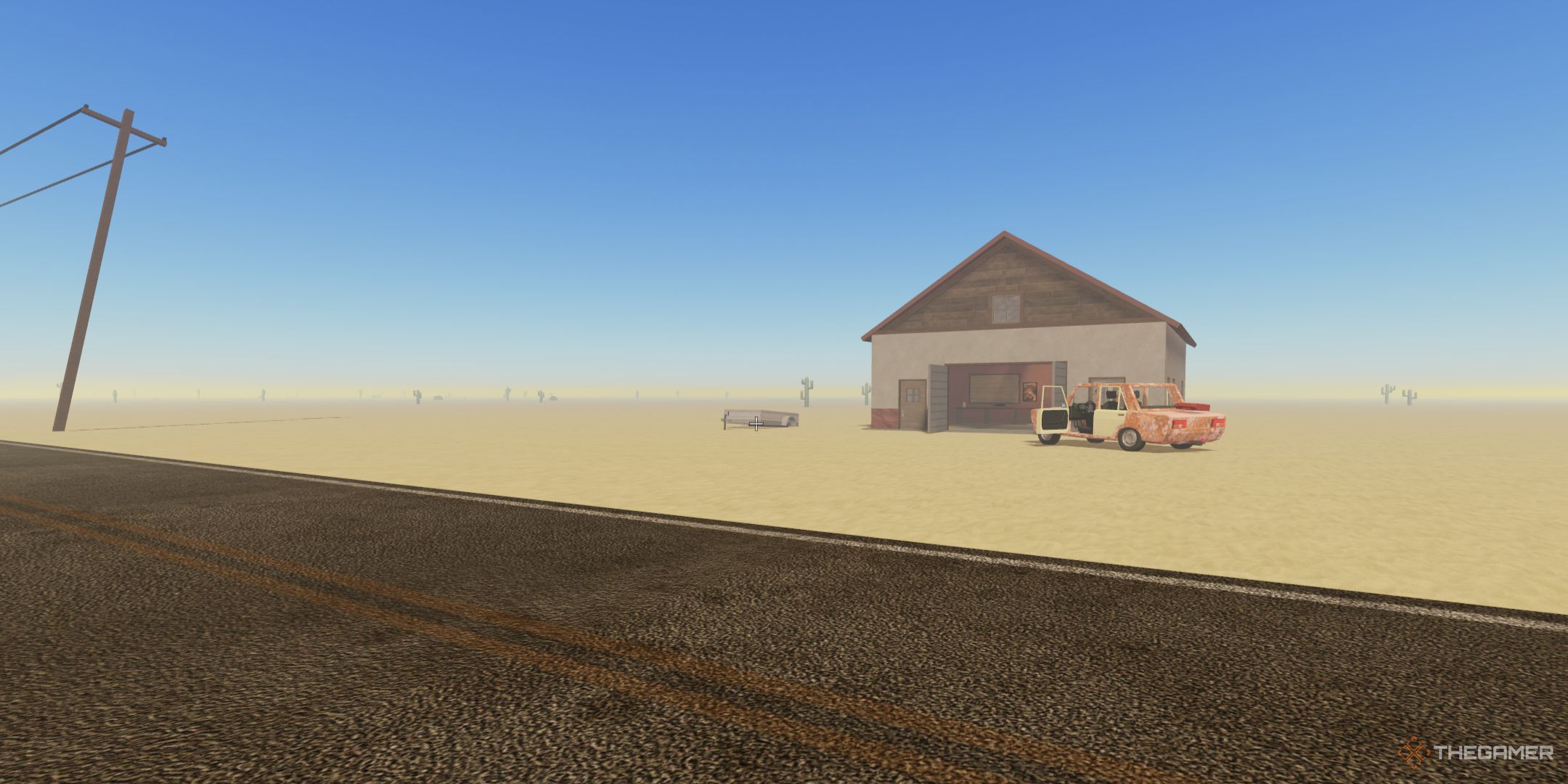 A car next to the starting house in A Dusty Trip on Roblox.