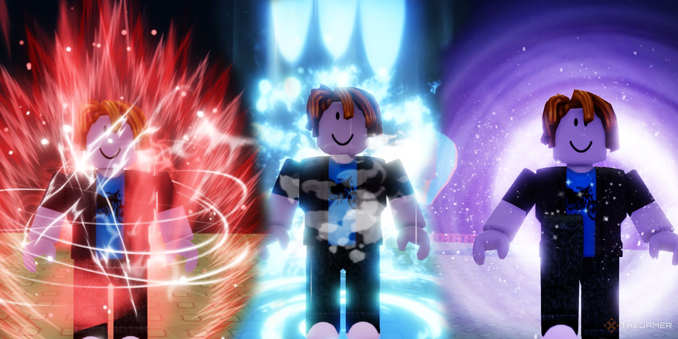 A Character with three different colored auras, blue, red and purple in Roblox Aura Craft.