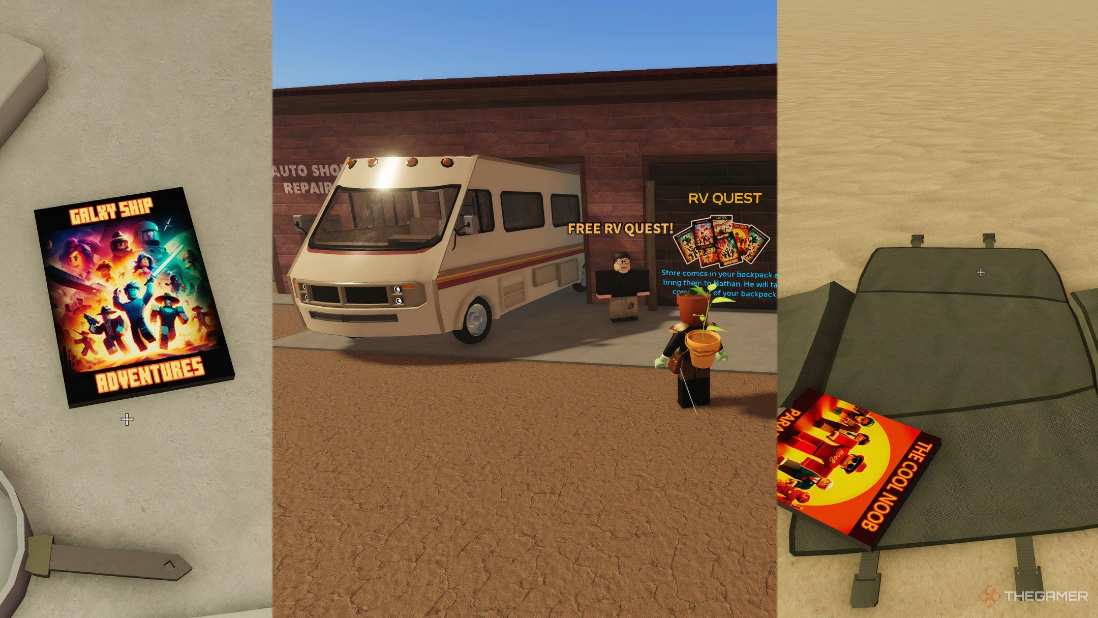 A magazine, Nerdy Nathan and his RV, and an open backpack from left to right in A Dusty Trip in Roblox.