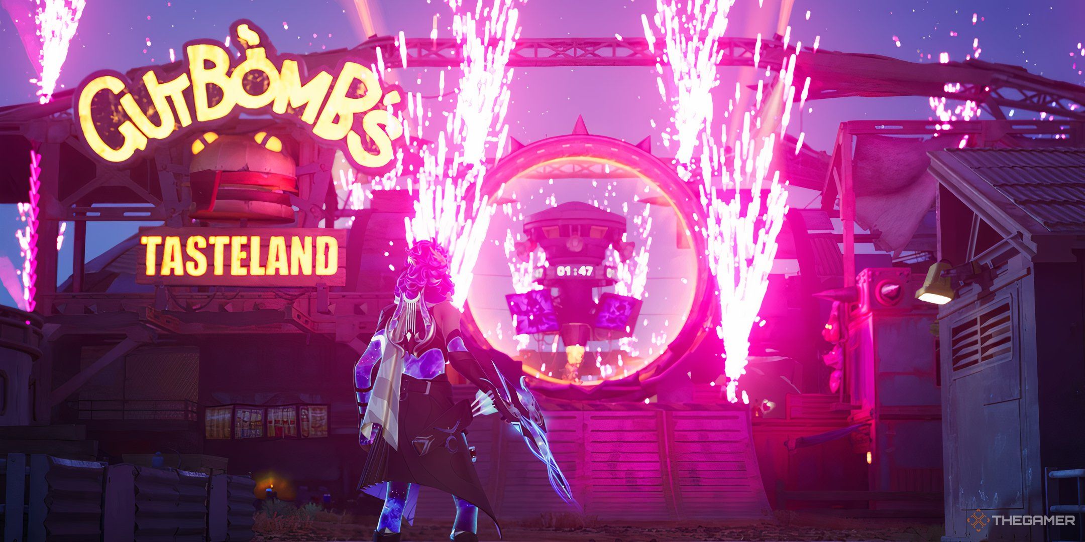 Standing in front of the Nitrodome POI in Fortnite: Chapter 5, Season 3. 