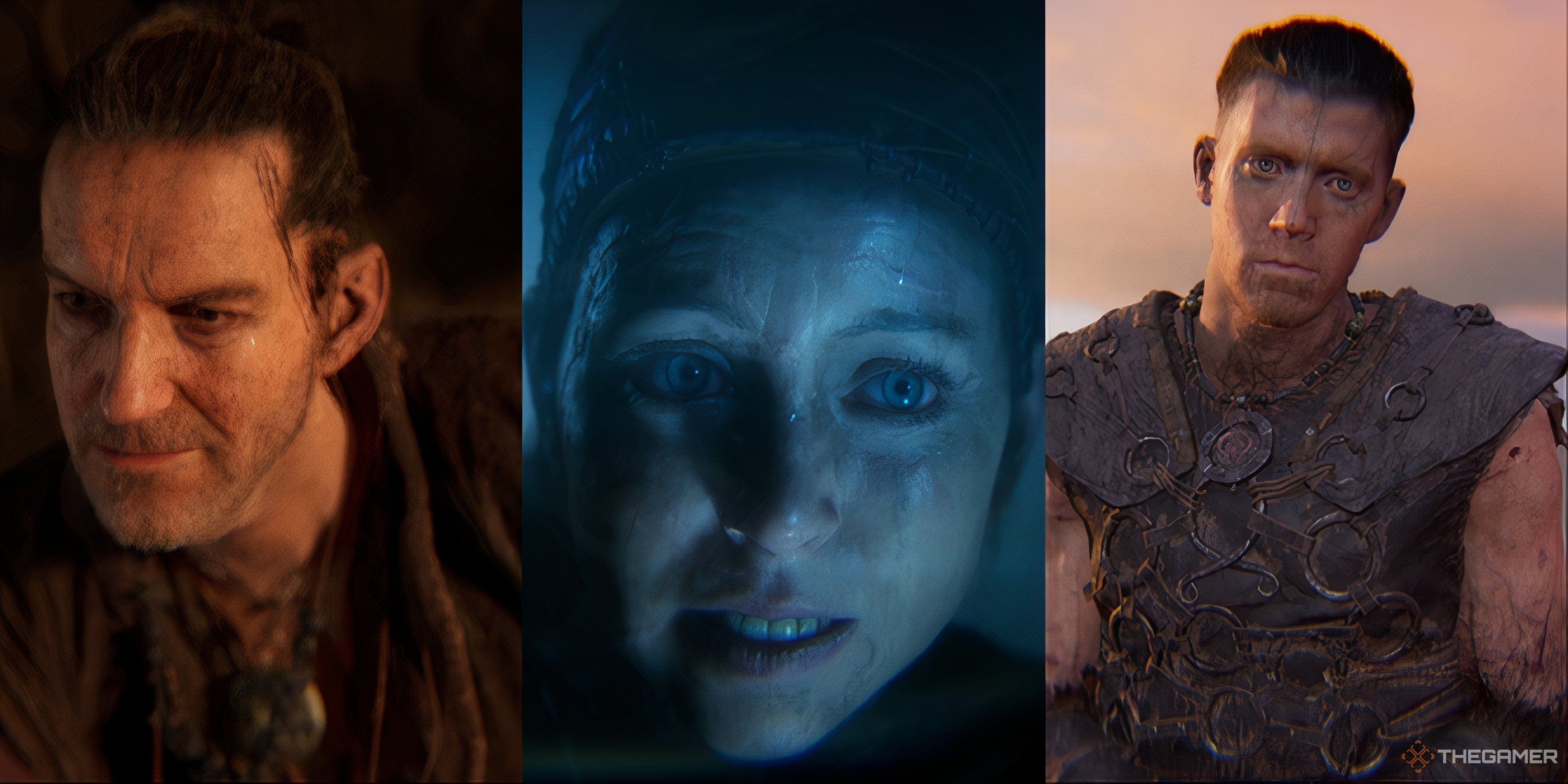 Three-image collage of main characters Fargrimr, Senua in blue lighting, and Thorgestr in Senua's Saga: Hellblade 2
