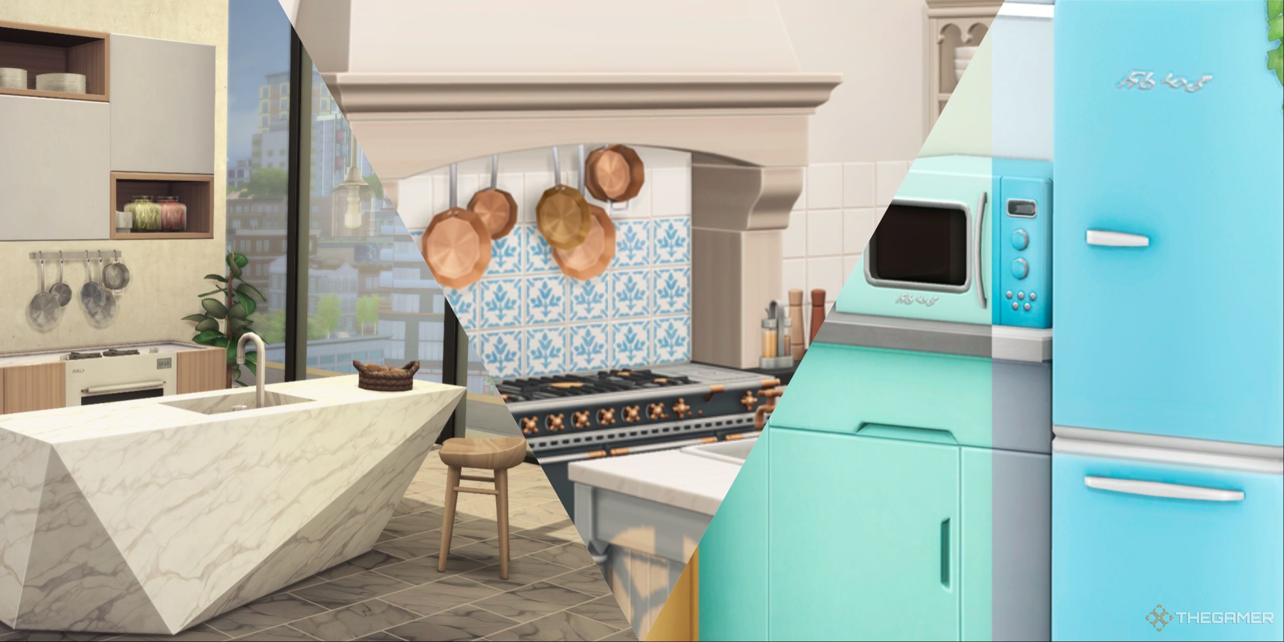 An image from Sims 4 of three different custom content kitchens, which include different applicances and decoration options.