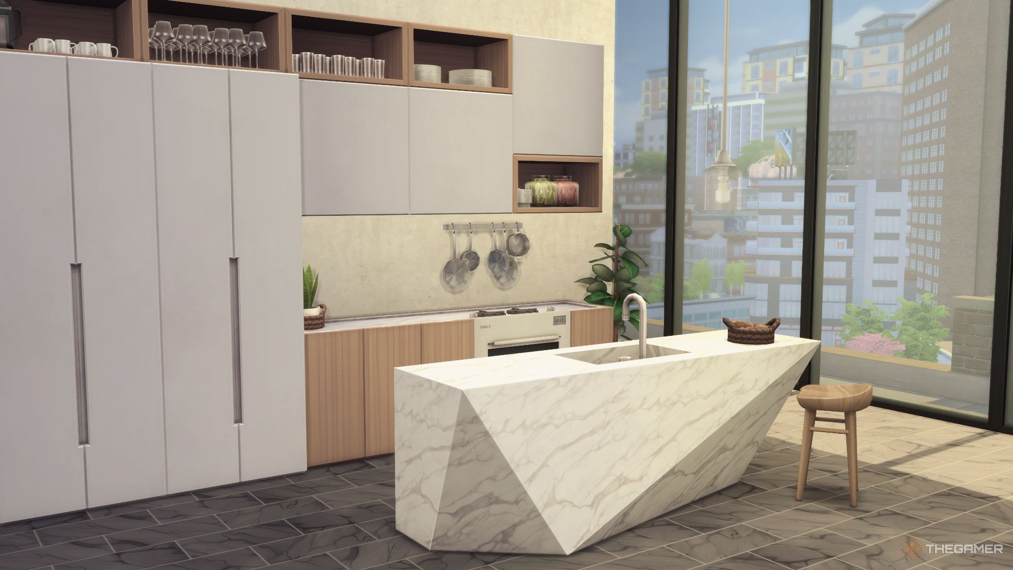 Image from the Sims 4 Brownstone Kitchen Collection, a custom content set that includes large marble countertops.