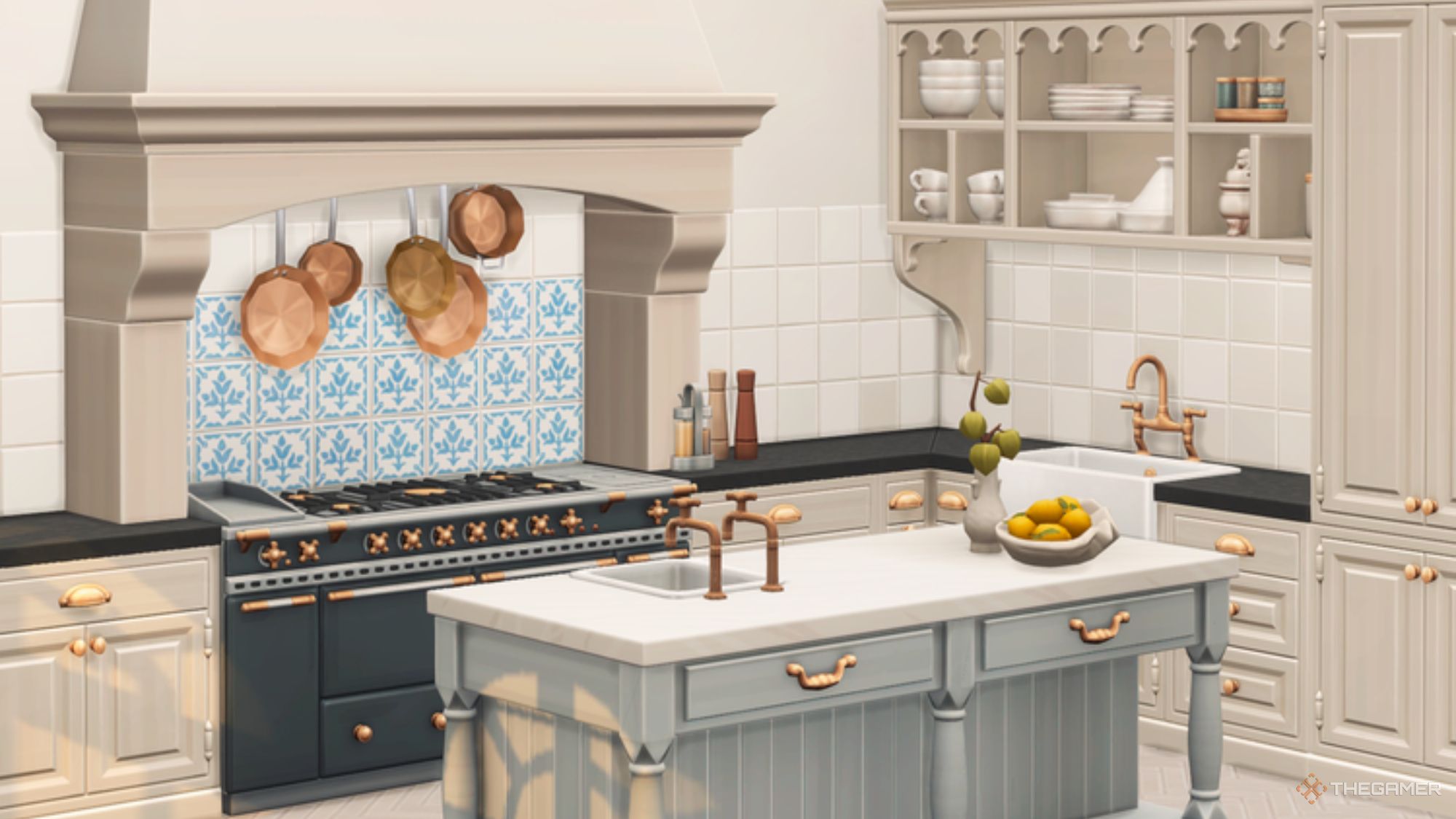 Images from Chateau Kitchen custom content for Sims 4, which adds French-inspired kitchen appliances, countertops, and décor.