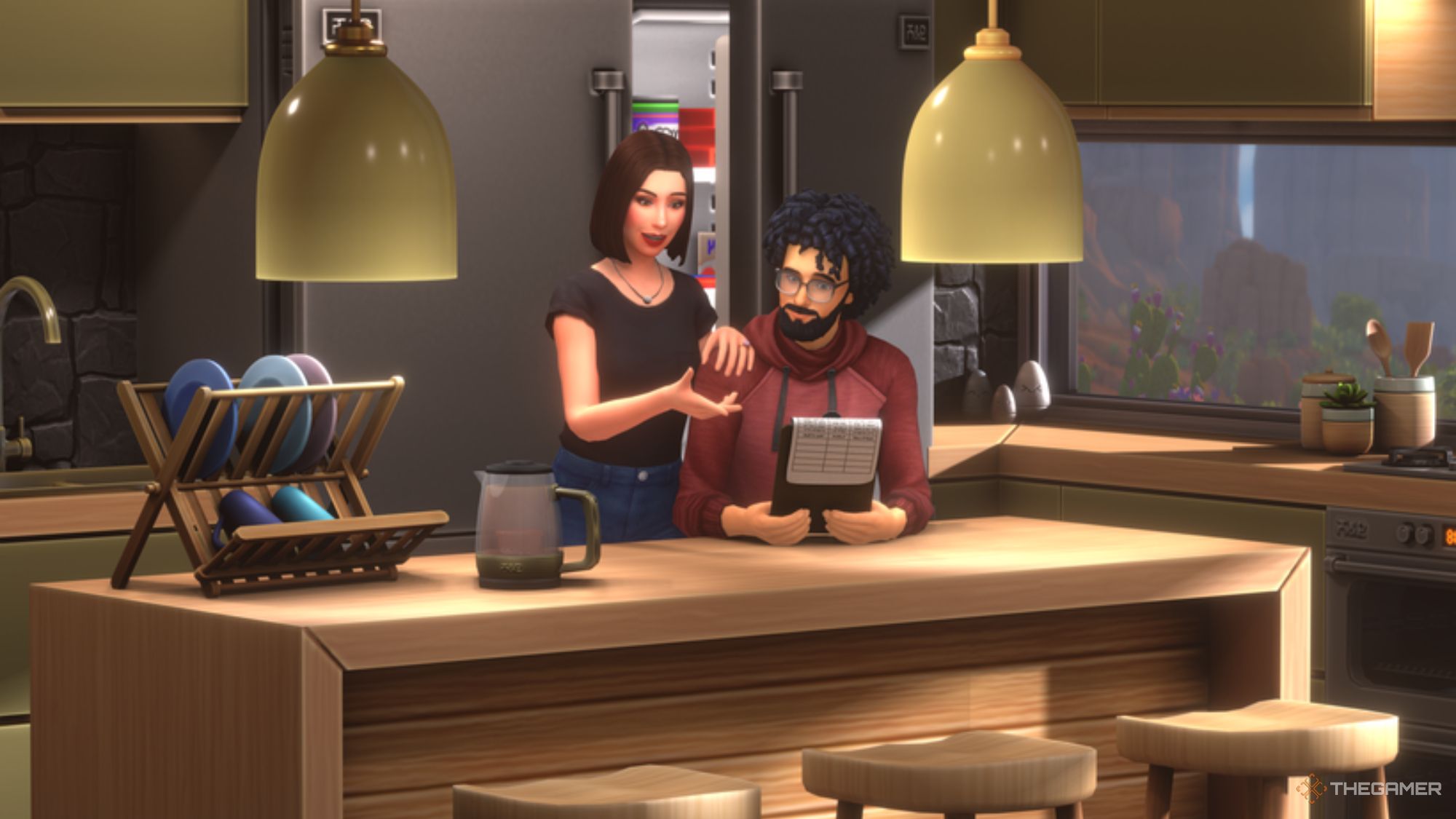 Images from the Delicious Kitchen custom content collection for Sims 4, which includes modern kitchen furniture, large refrigerators, and more.