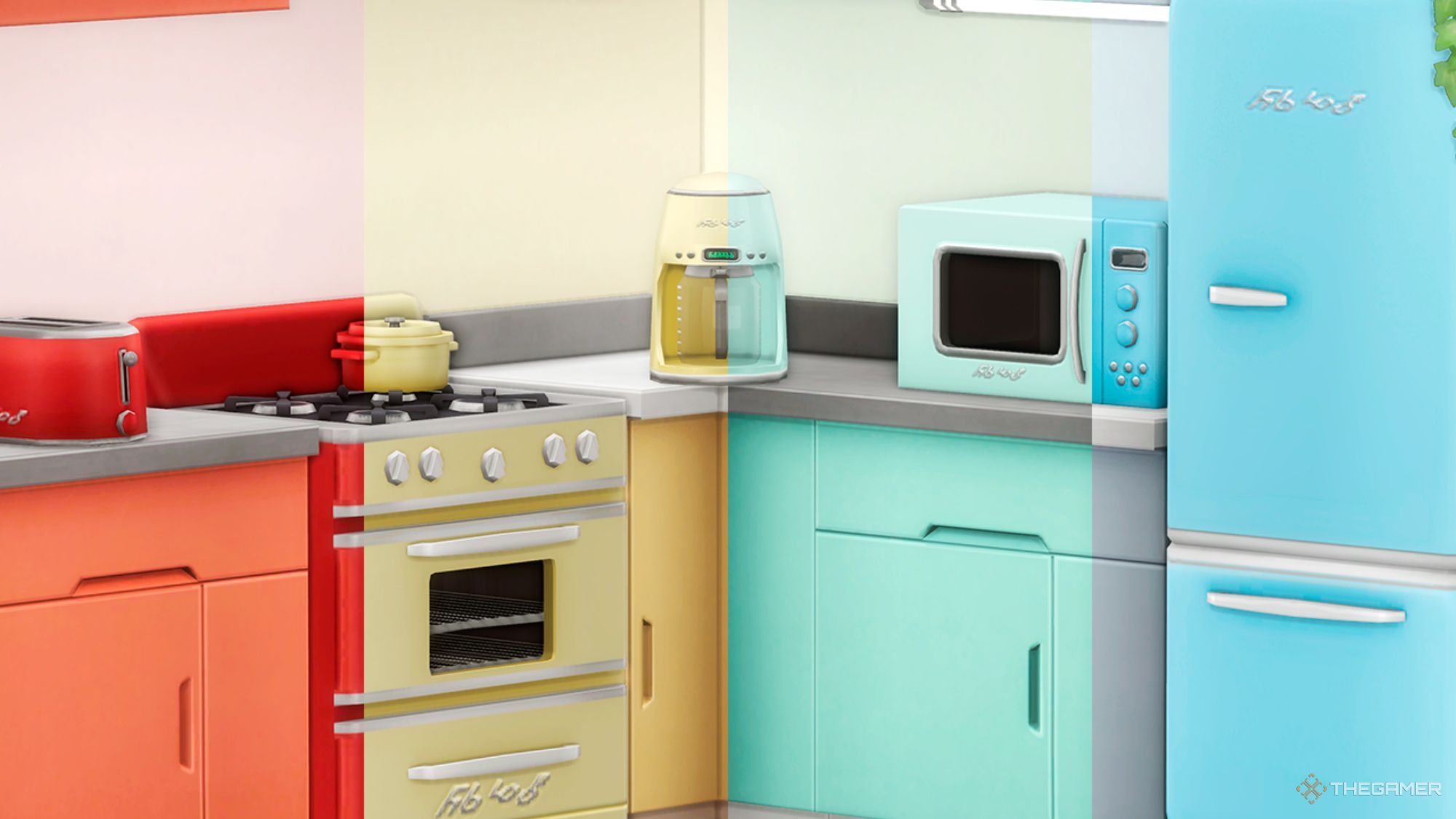 An image from the Retro Appliances Kitchen custom content set for Sims 4, which adds appliances inspired by Smeg products.