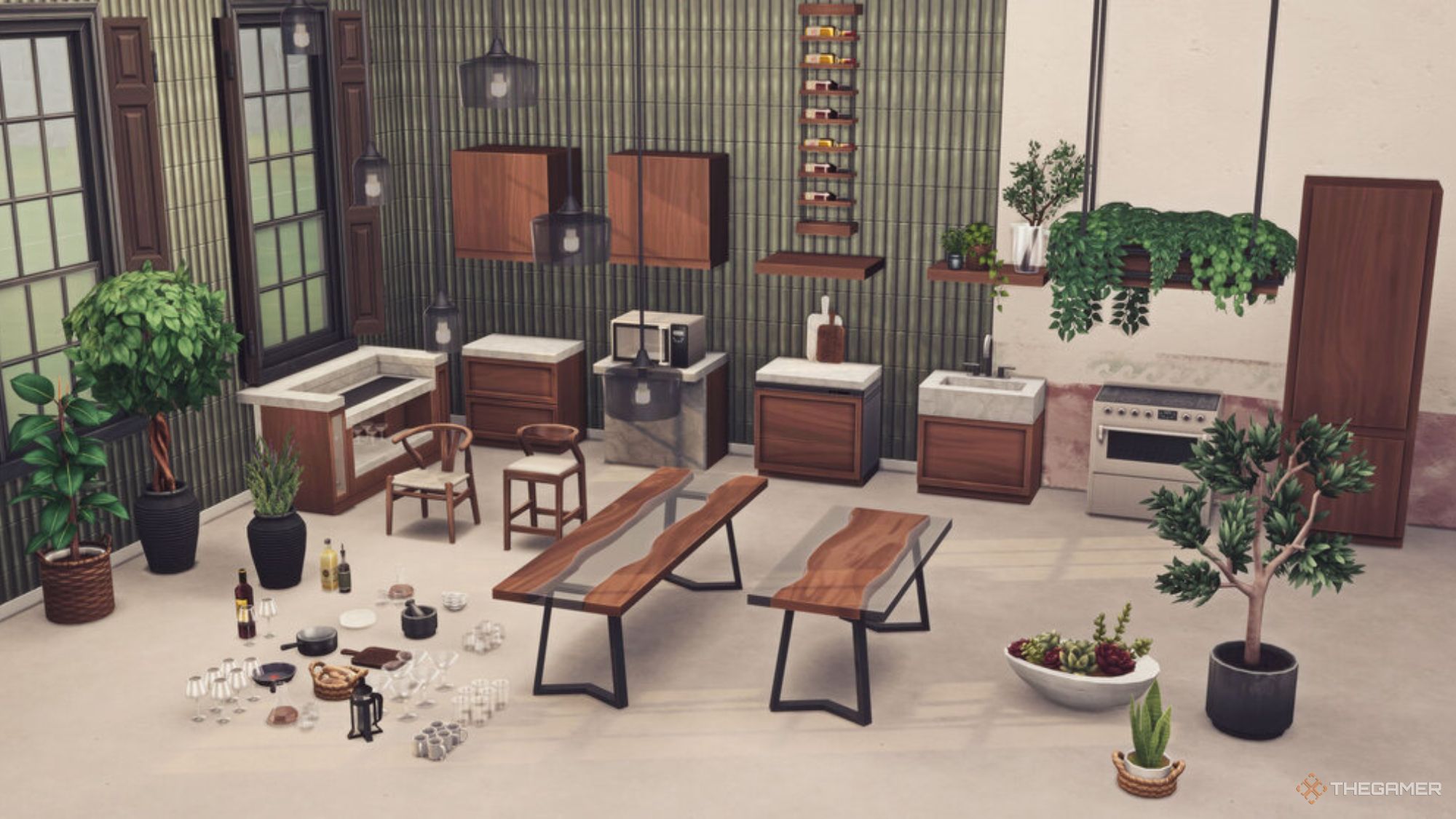 Images from The Kichen custom content for Sims 4, including tons of kitchen decor, plants, and appliances.