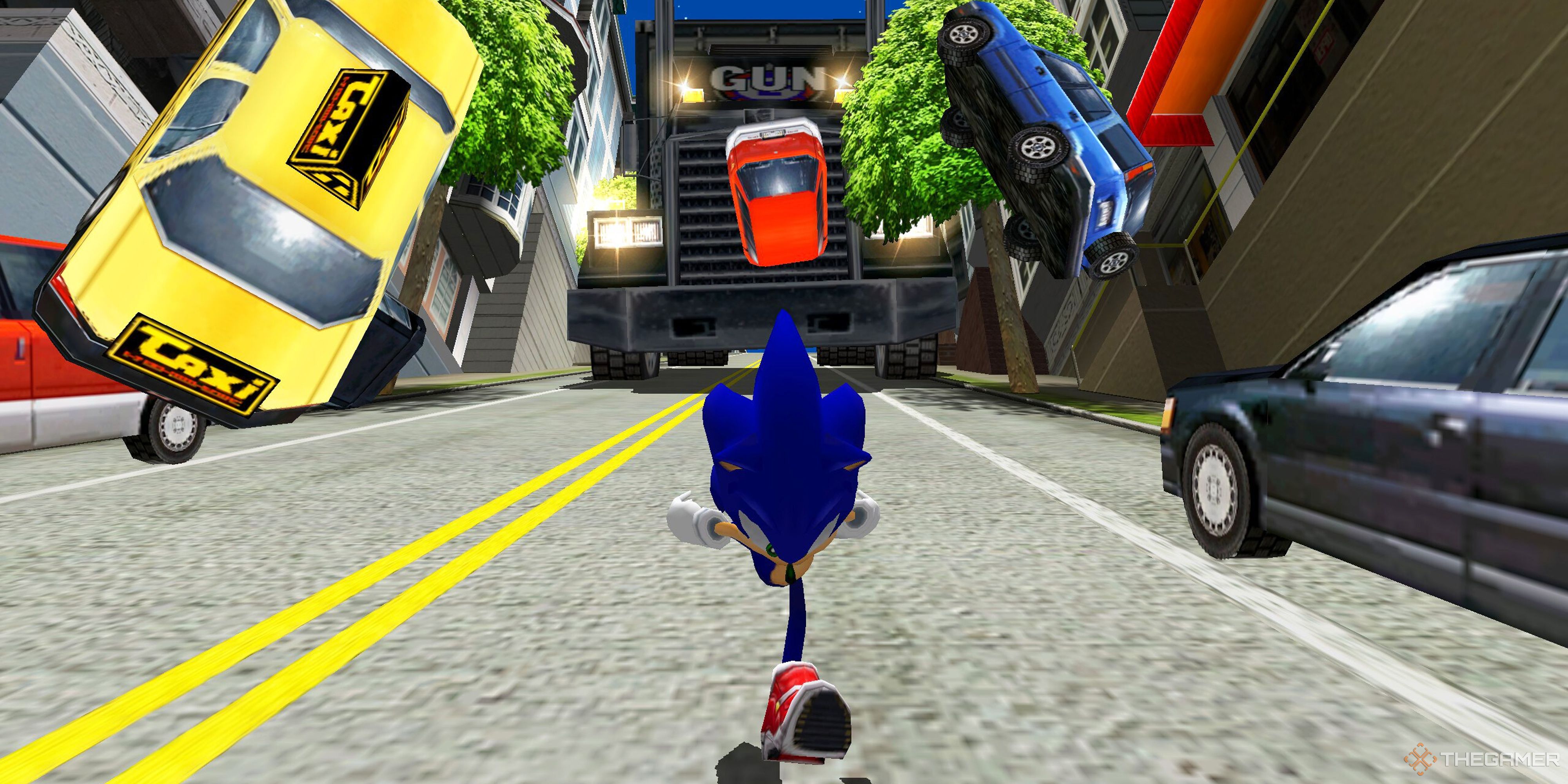 Sonic in Adventure 2 running away from a GUN Truck in San Francisco as cars and taxis fly everywhere
