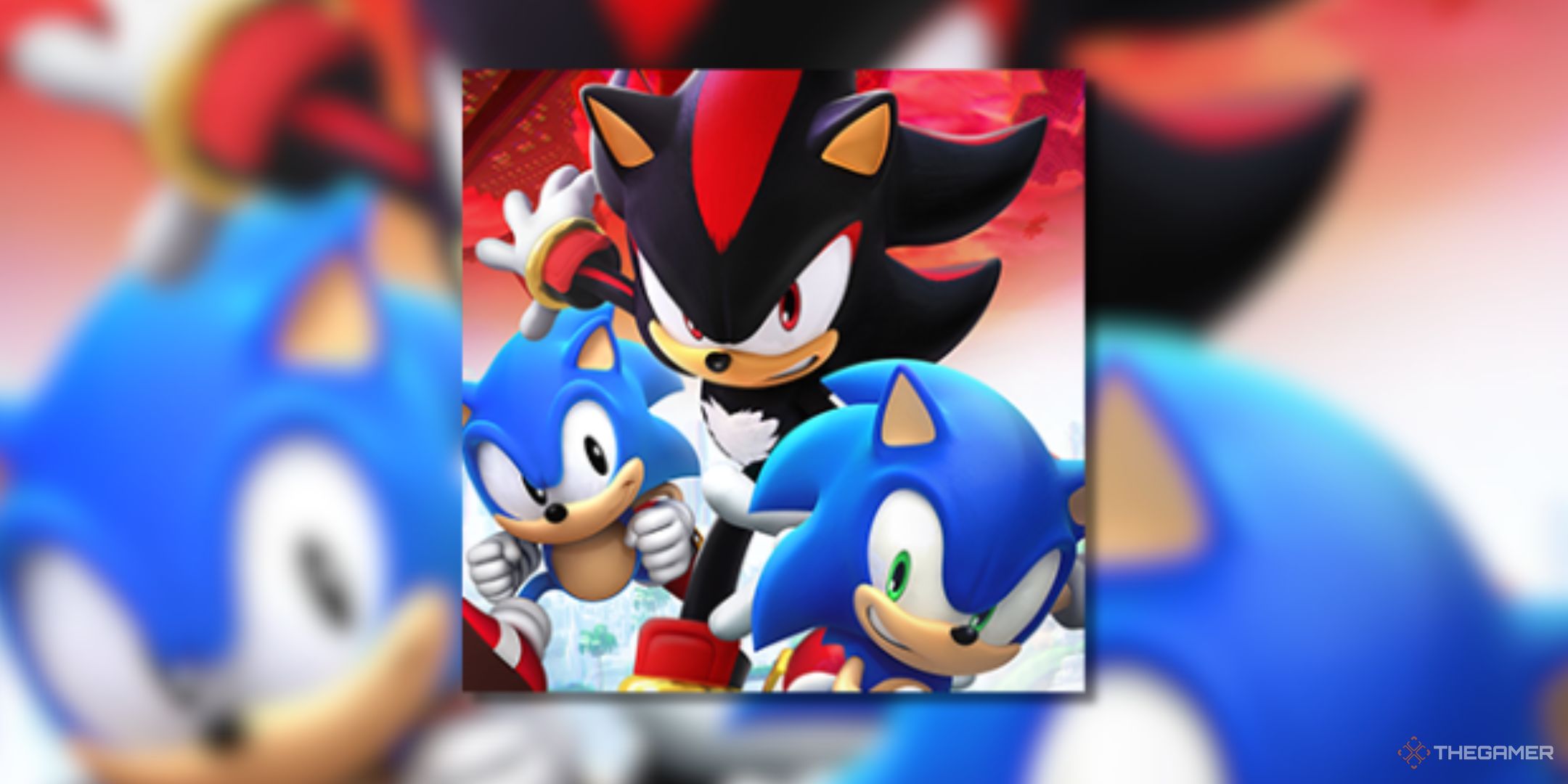 An image of modern Sonic running next to classic Sonic, with Shadow in-between them
